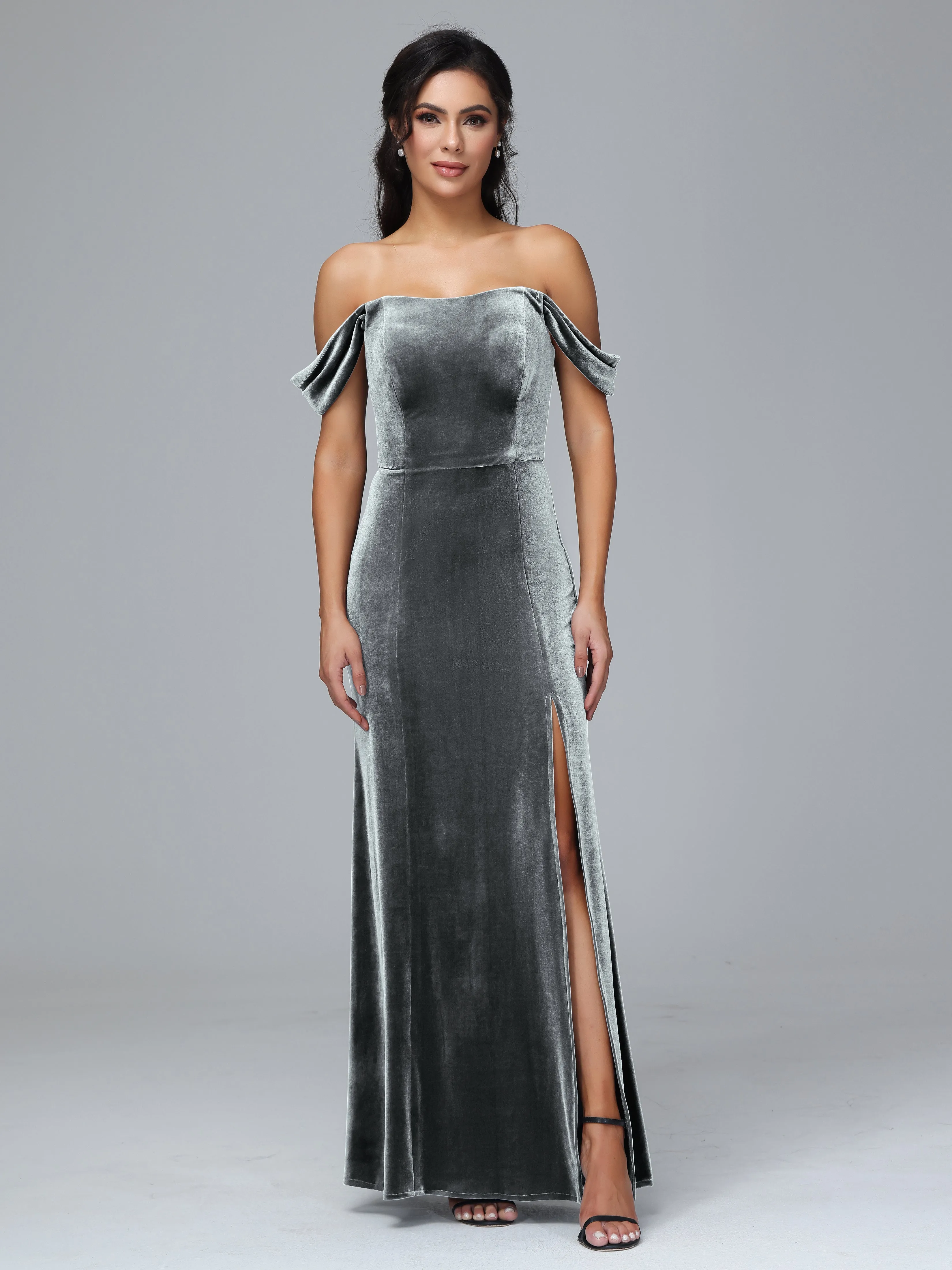 Off Shoulder Zipper Split Velvet Bridesmaid Dresses