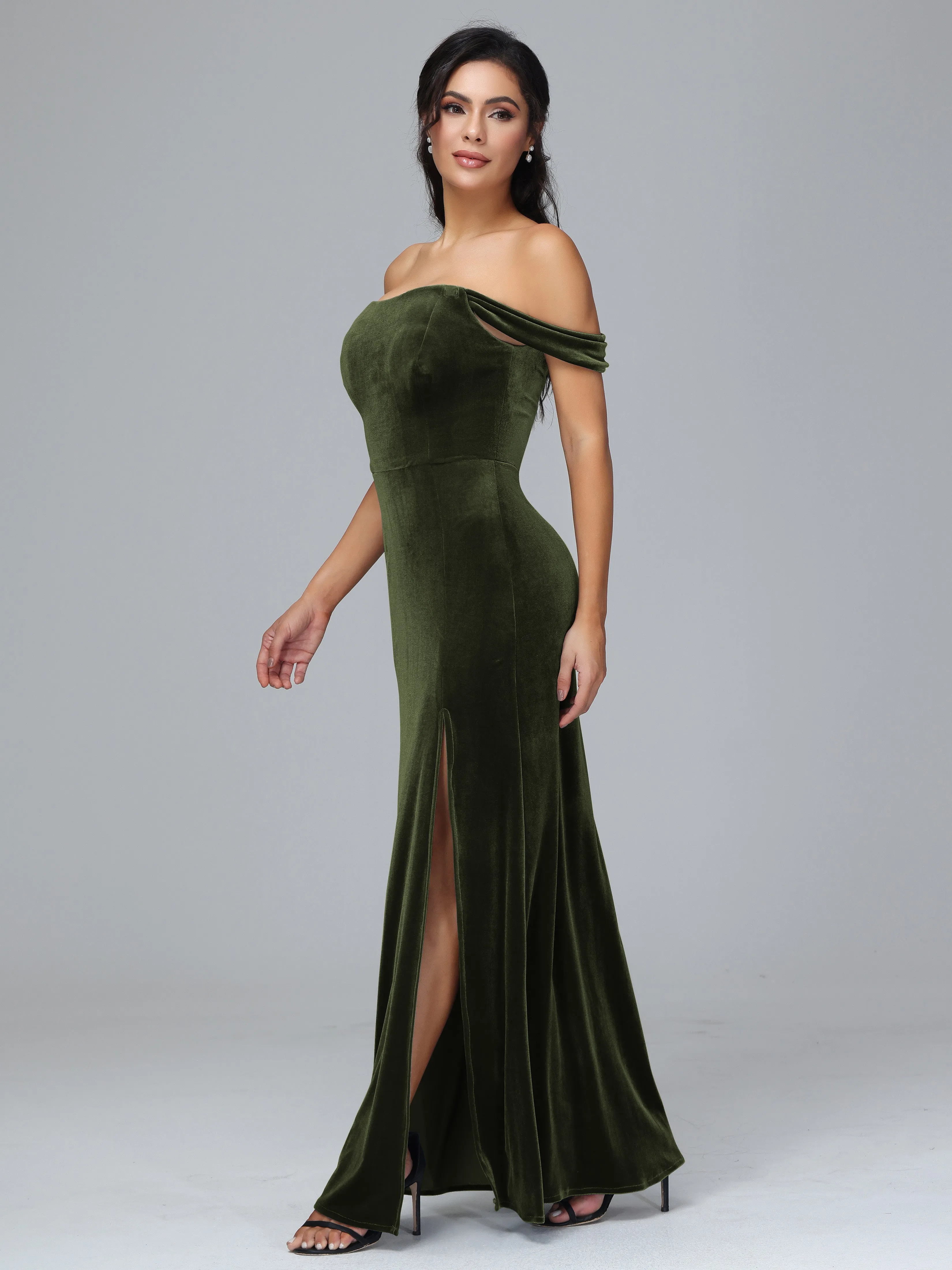 Off Shoulder Zipper Split Velvet Bridesmaid Dresses