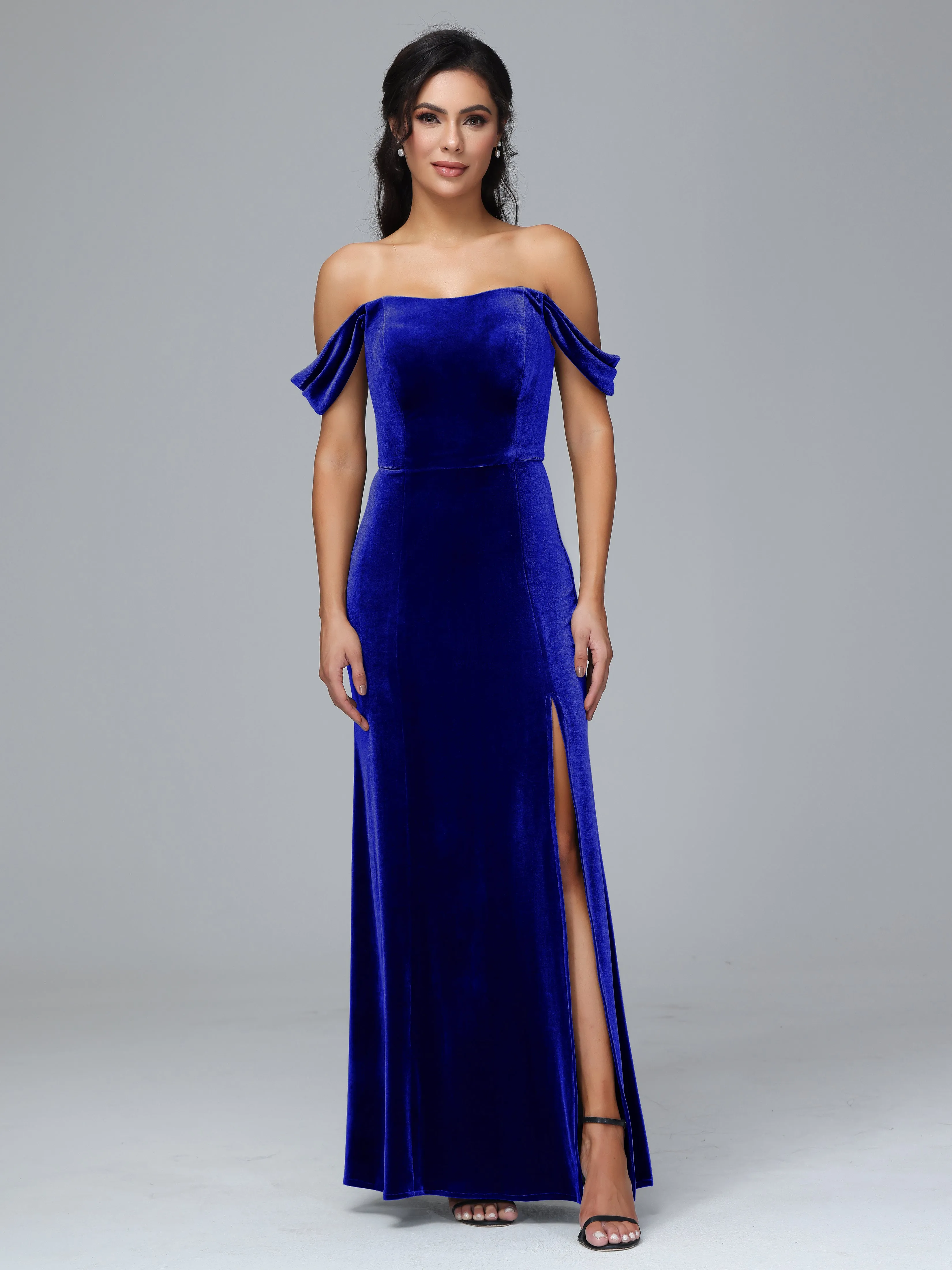 Off Shoulder Zipper Split Velvet Bridesmaid Dresses