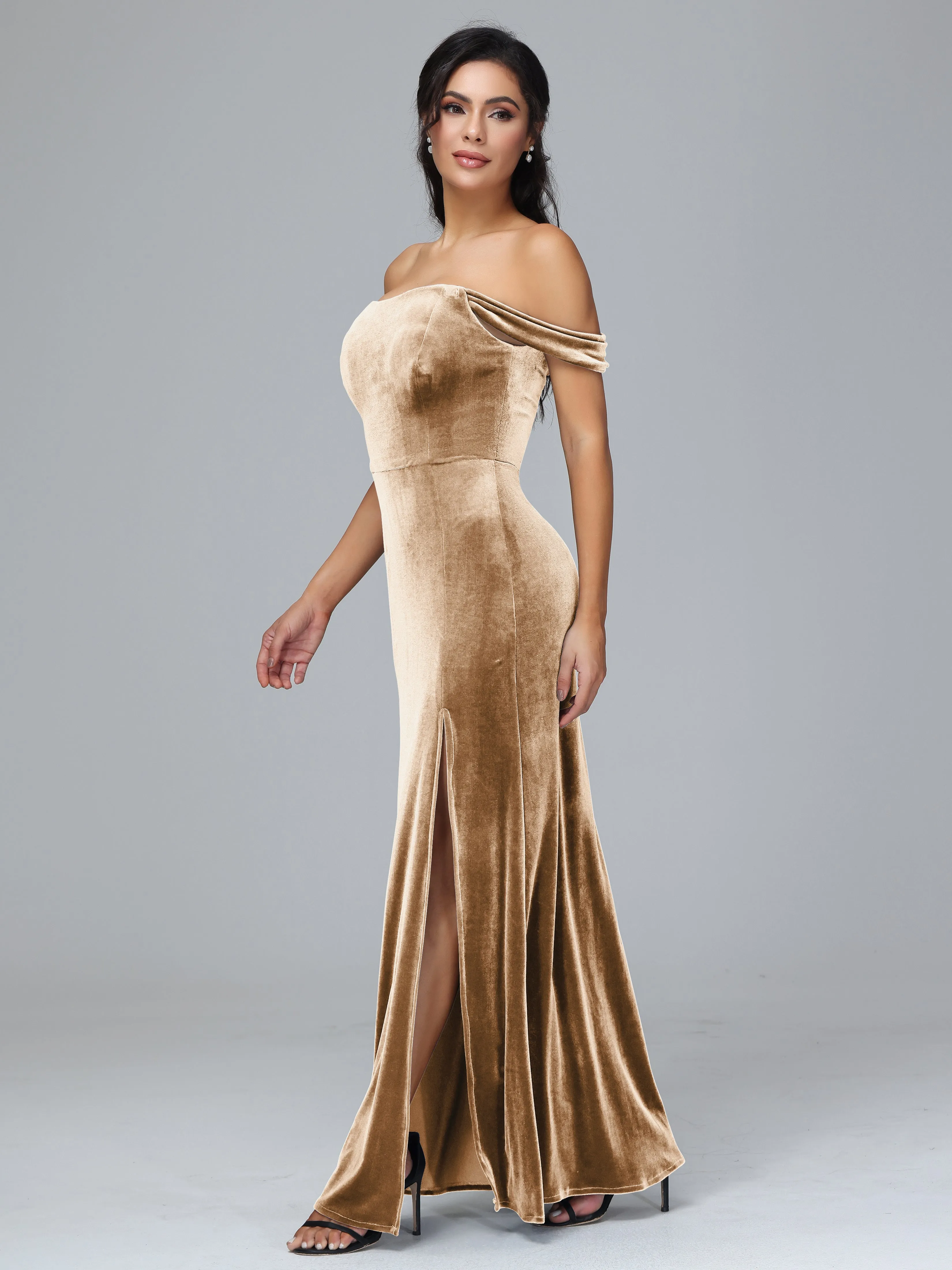 Off Shoulder Zipper Split Velvet Bridesmaid Dresses