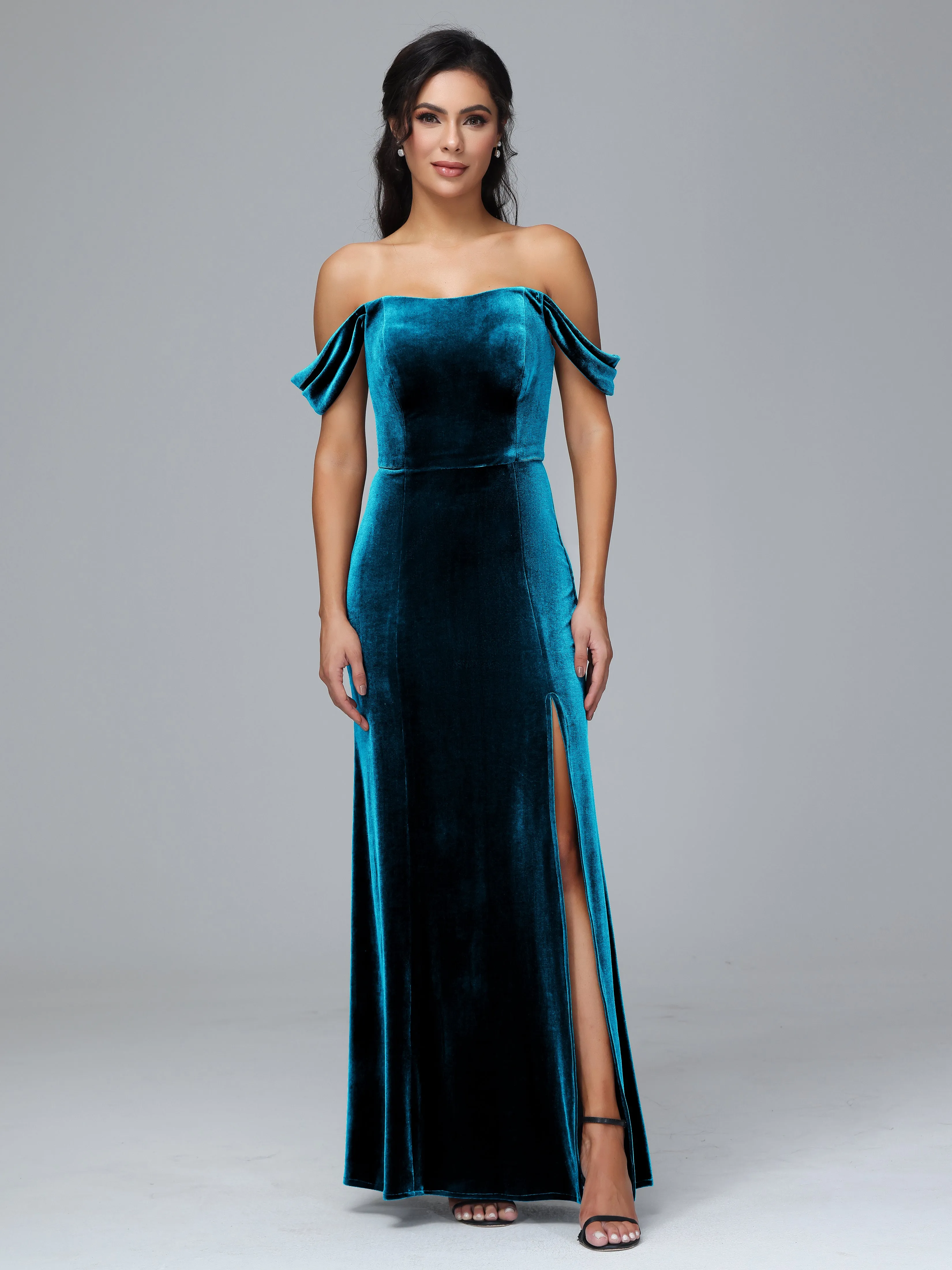 Off Shoulder Zipper Split Velvet Bridesmaid Dresses
