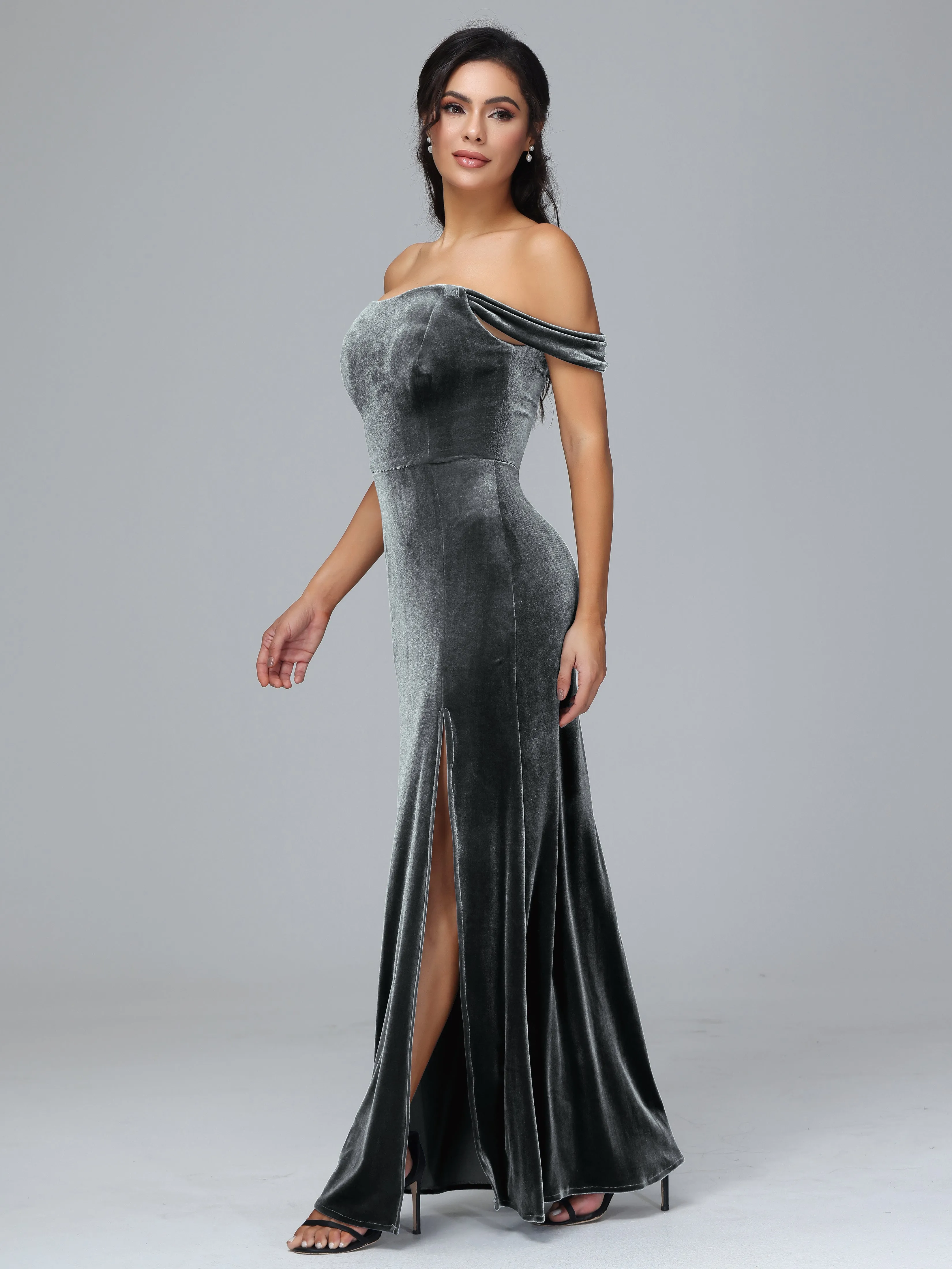 Off Shoulder Zipper Split Velvet Bridesmaid Dresses
