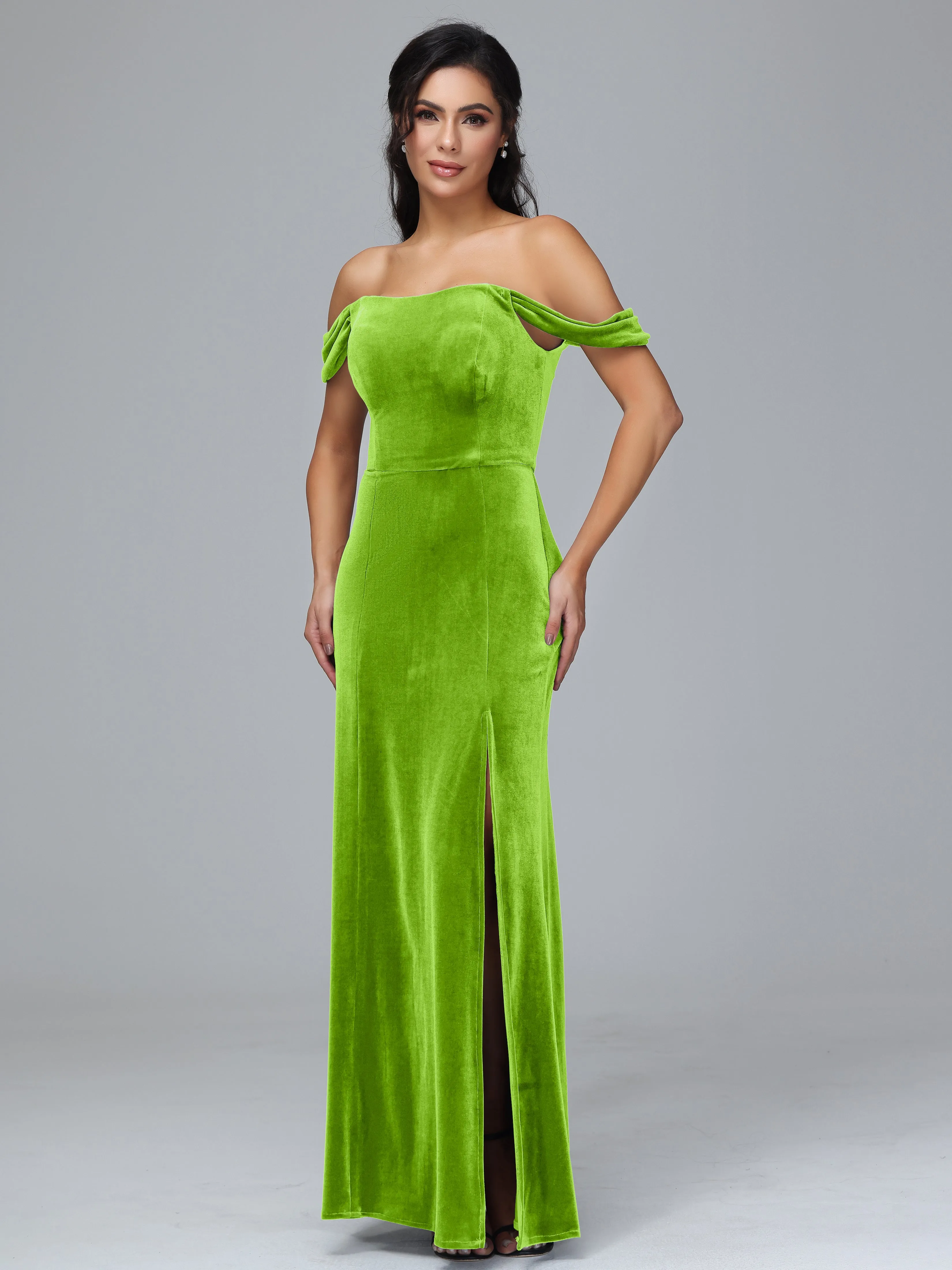 Off Shoulder Zipper Split Velvet Bridesmaid Dresses