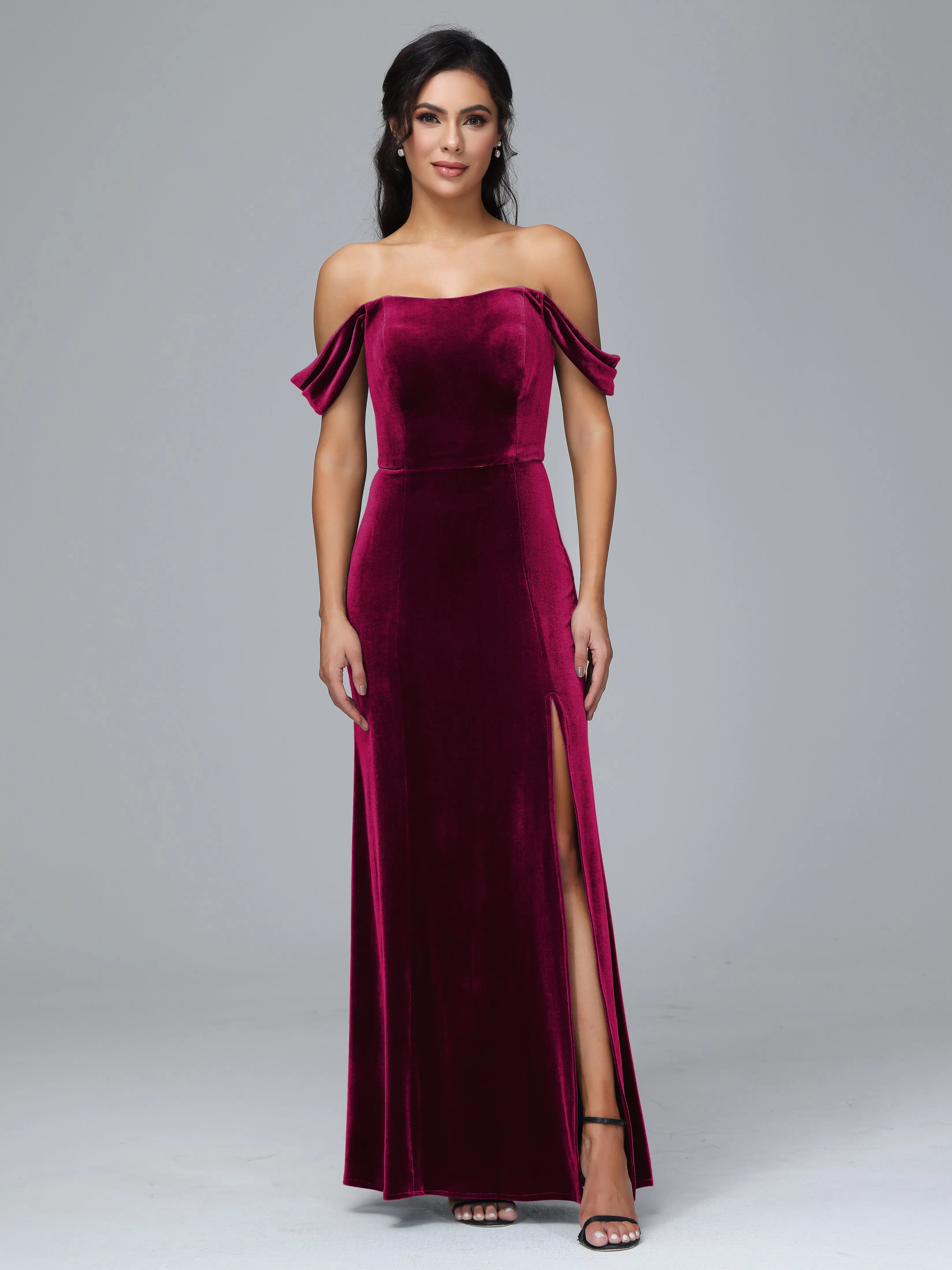 Off Shoulder Zipper Split Velvet Bridesmaid Dresses