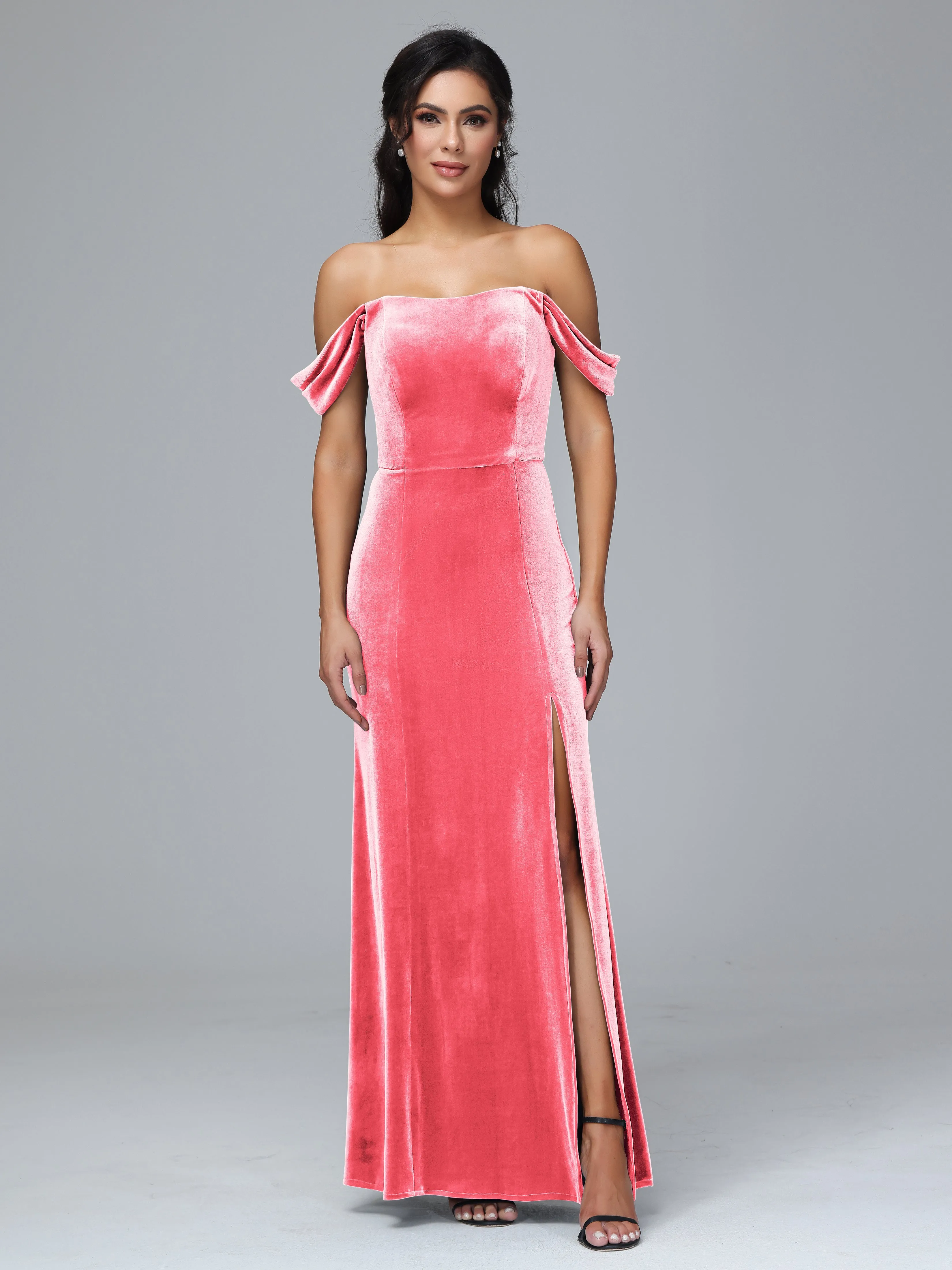 Off Shoulder Zipper Split Velvet Bridesmaid Dresses