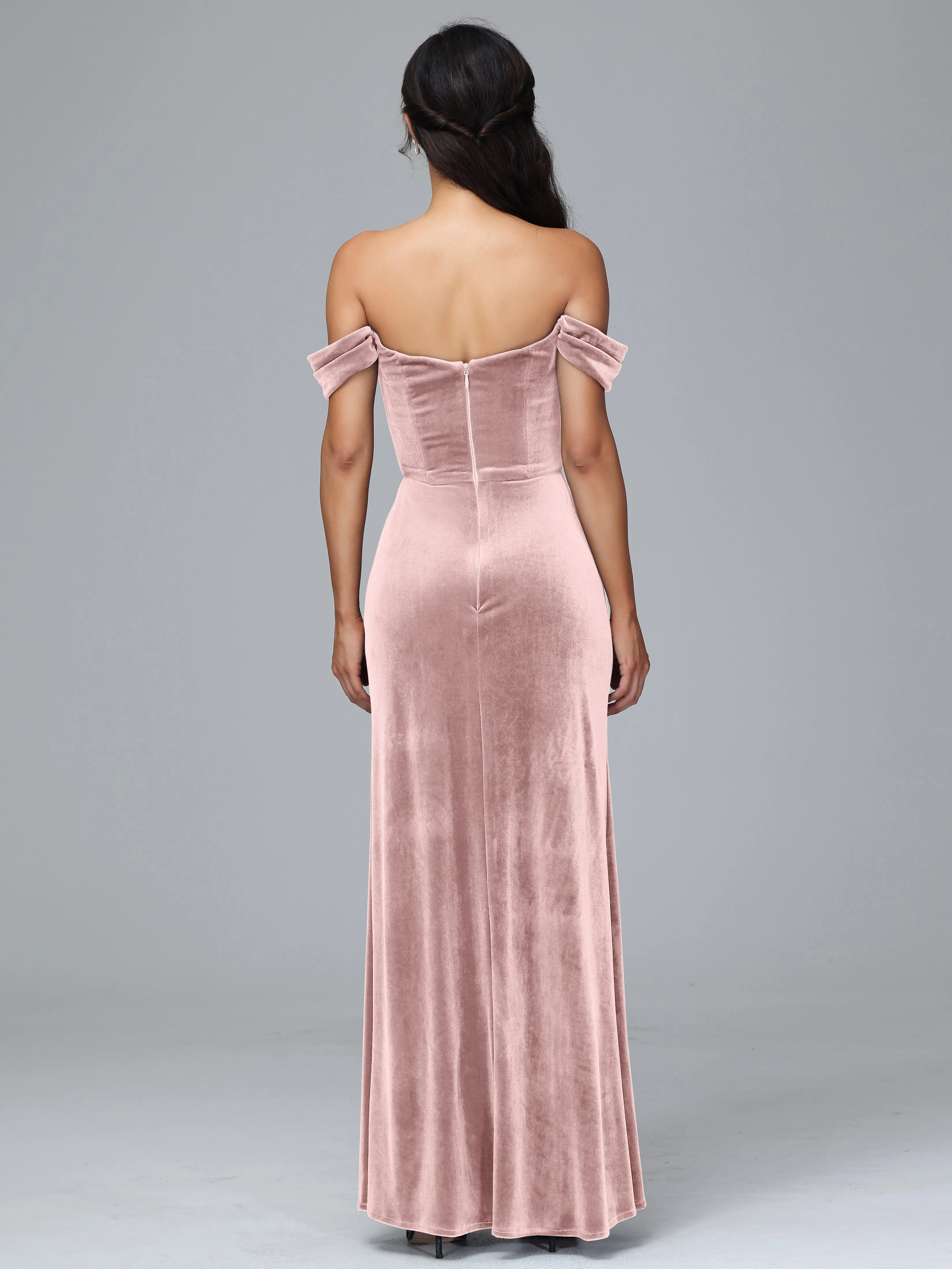 Off Shoulder Zipper Split Velvet Bridesmaid Dresses