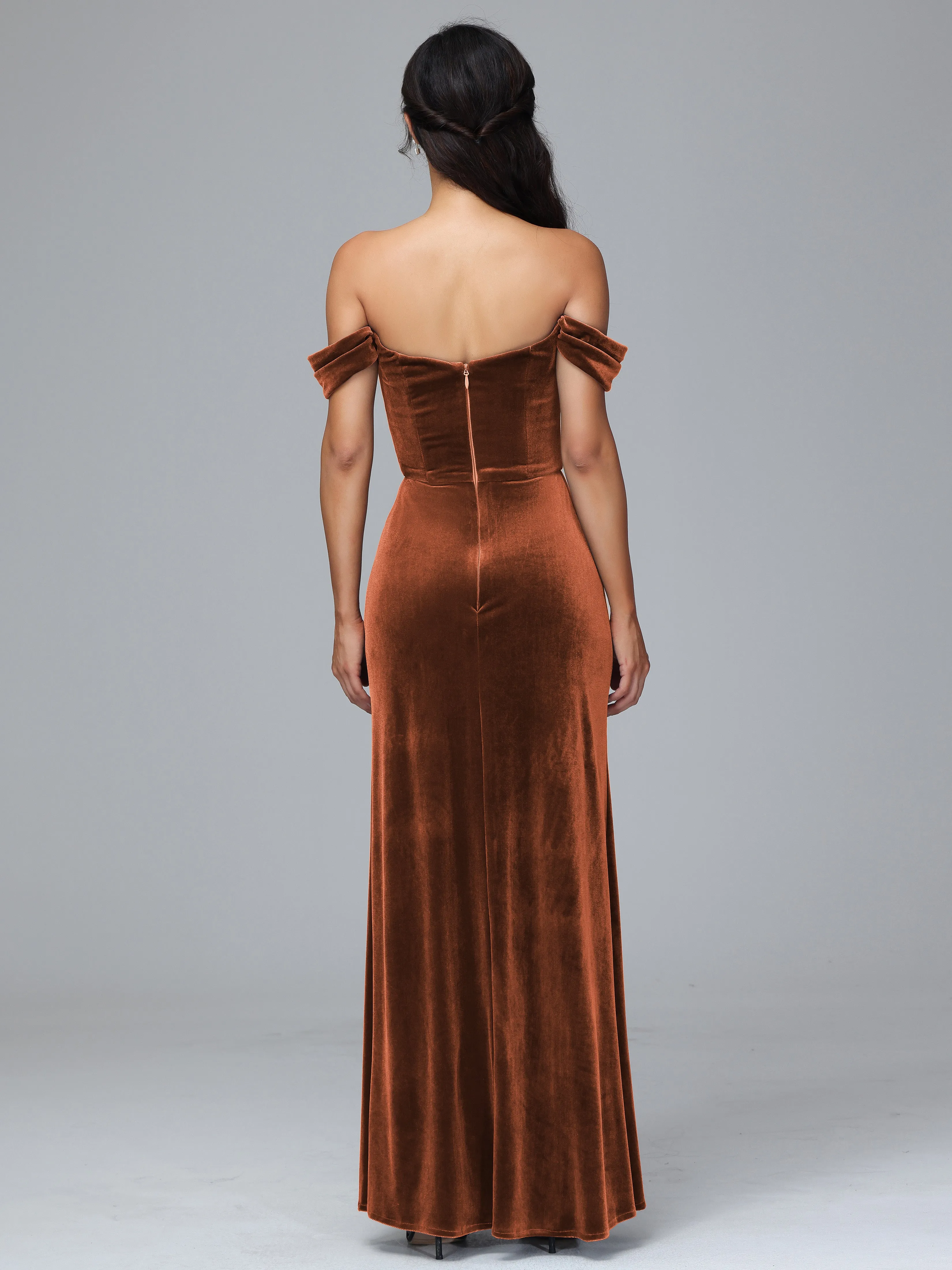 Off Shoulder Zipper Split Velvet Bridesmaid Dresses