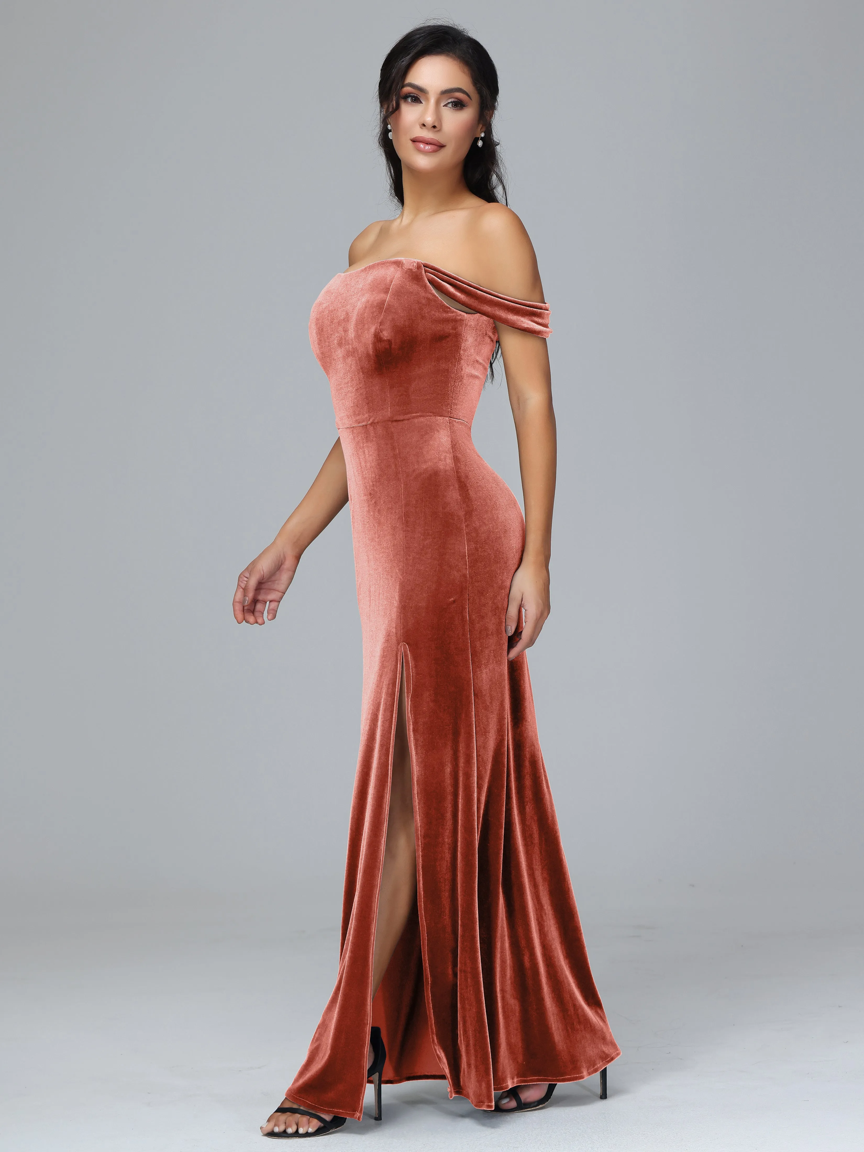 Off Shoulder Zipper Split Velvet Bridesmaid Dresses