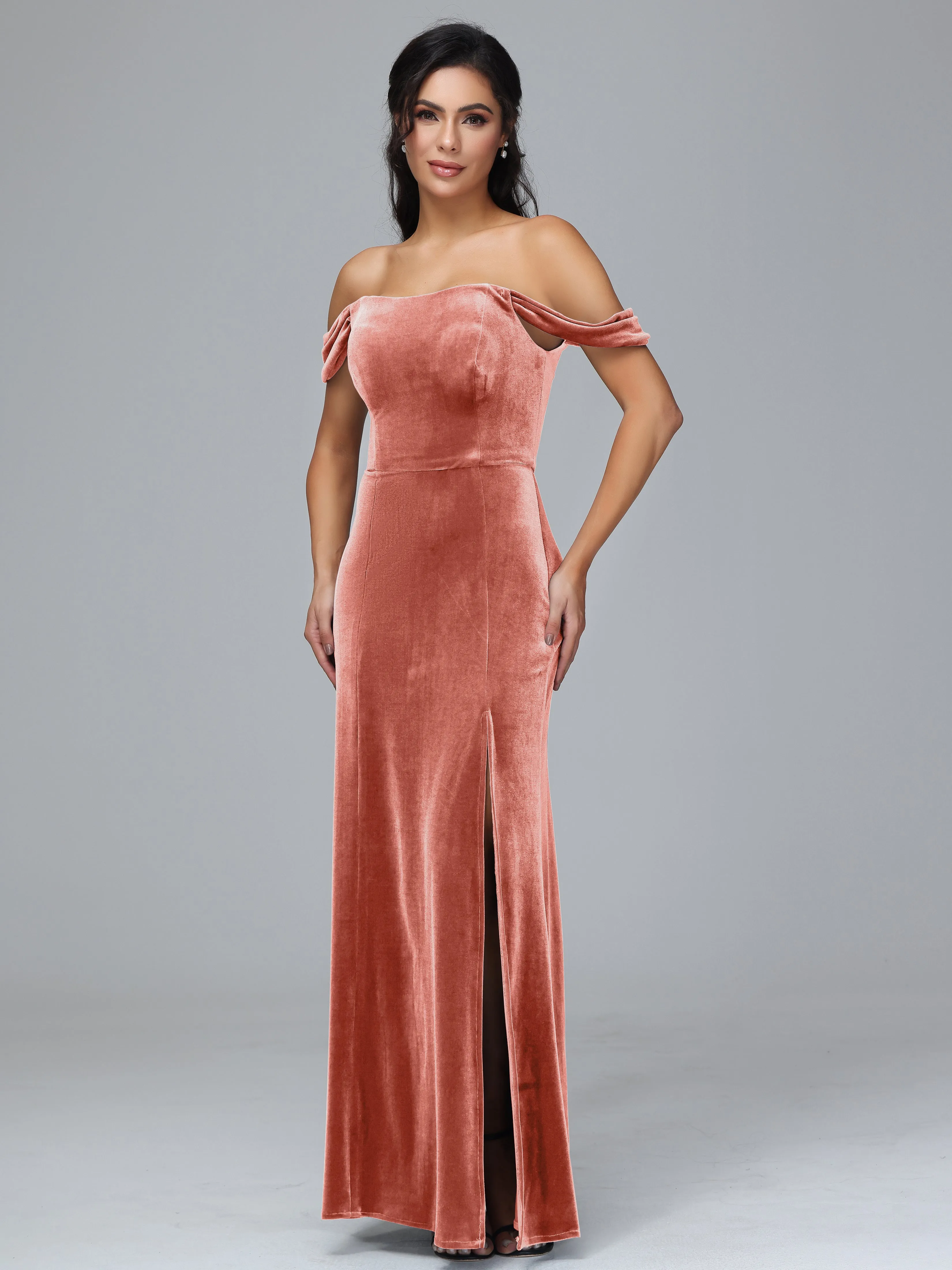 Off Shoulder Zipper Split Velvet Bridesmaid Dresses