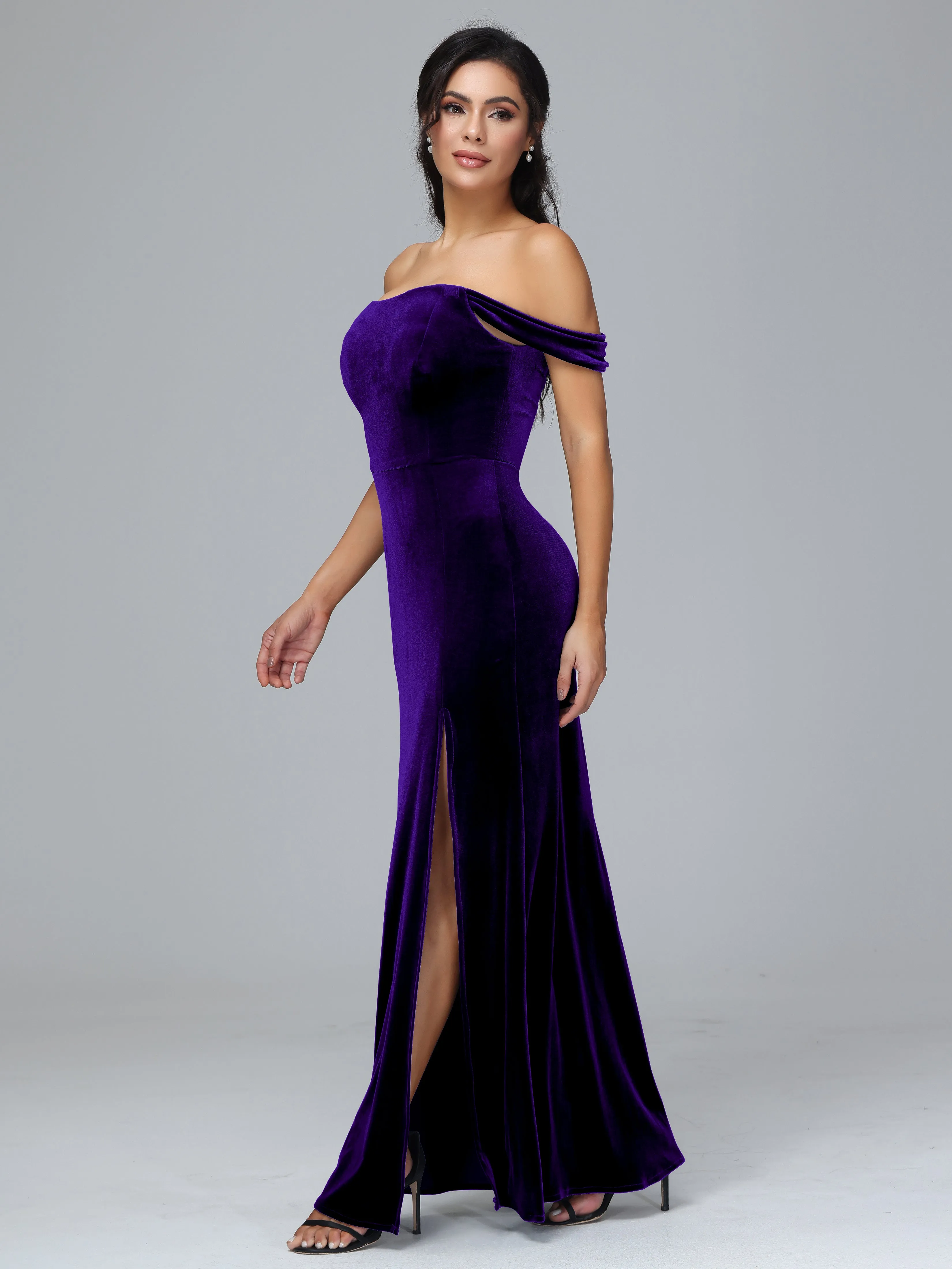 Off Shoulder Zipper Split Velvet Bridesmaid Dresses