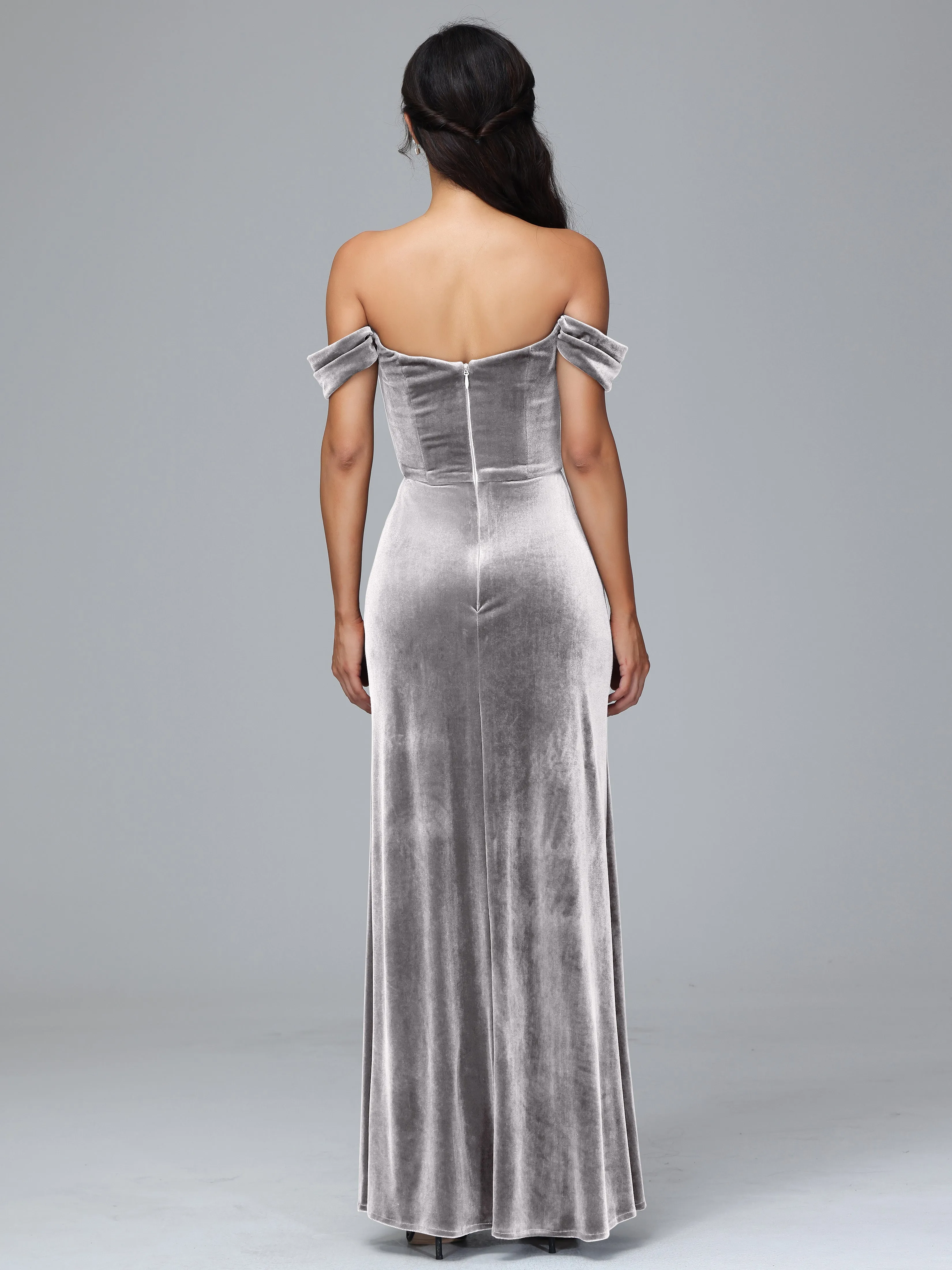 Off Shoulder Zipper Split Velvet Bridesmaid Dresses
