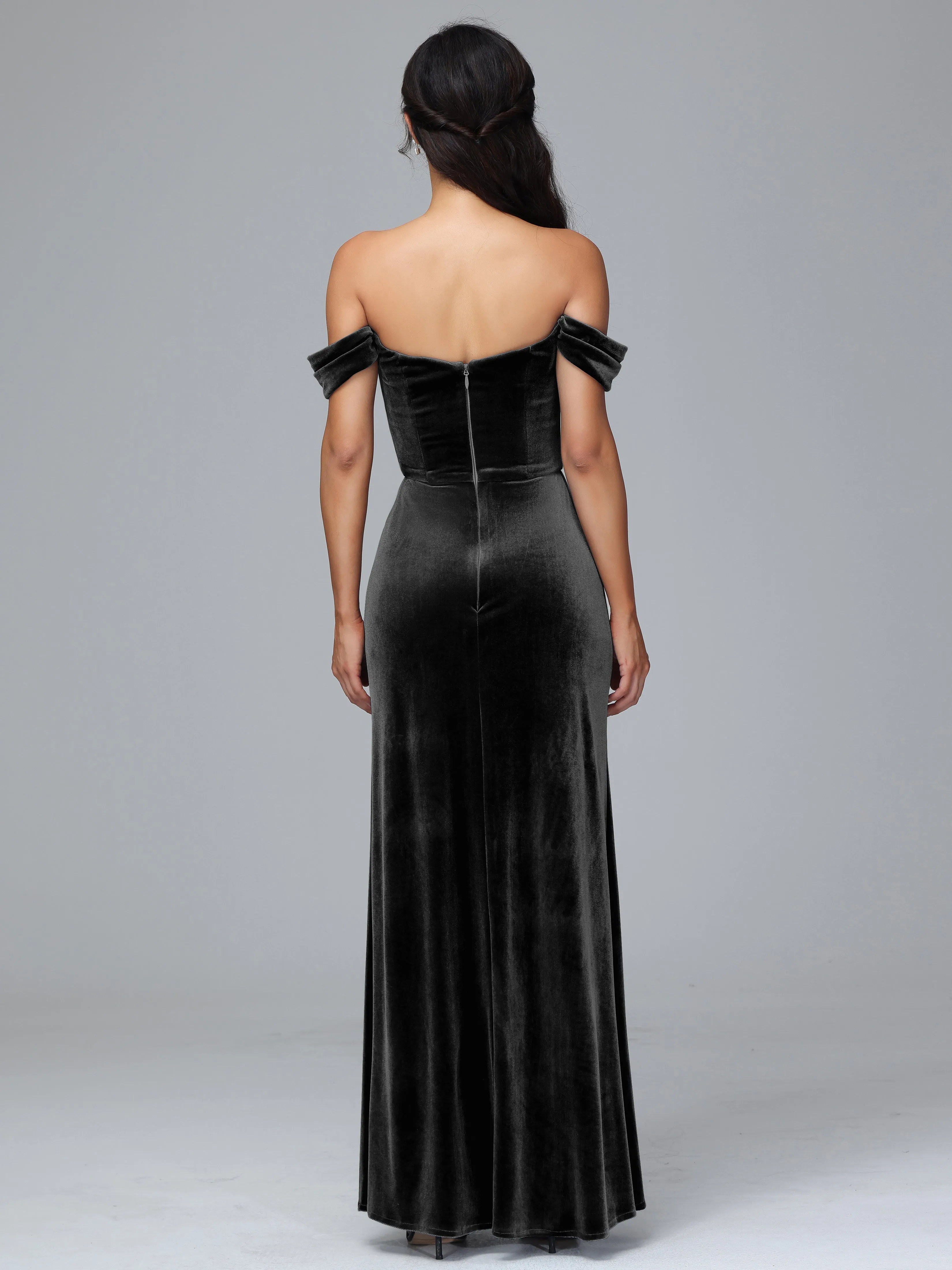 Off Shoulder Zipper Split Velvet Bridesmaid Dresses