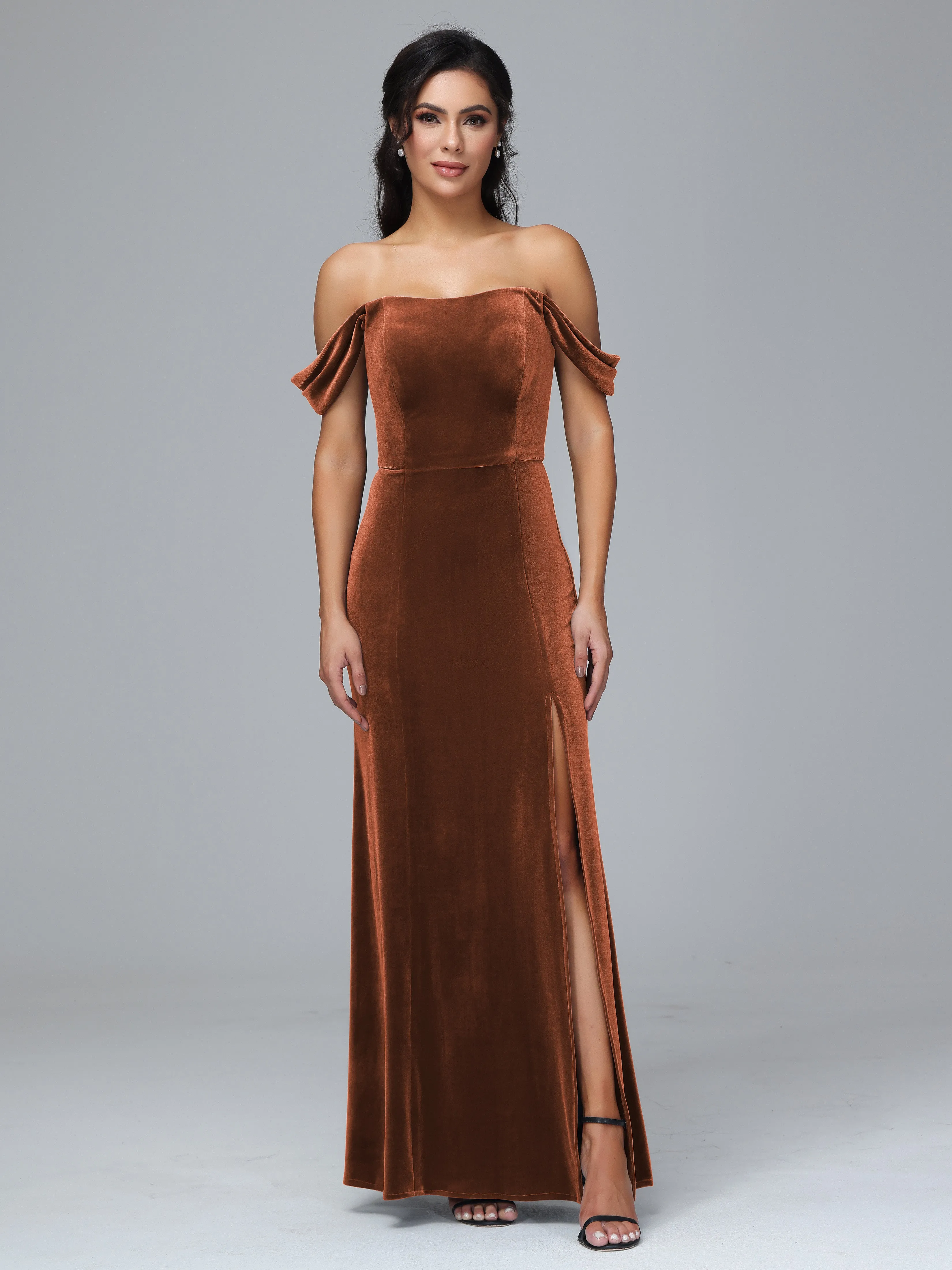 Off Shoulder Zipper Split Velvet Bridesmaid Dresses