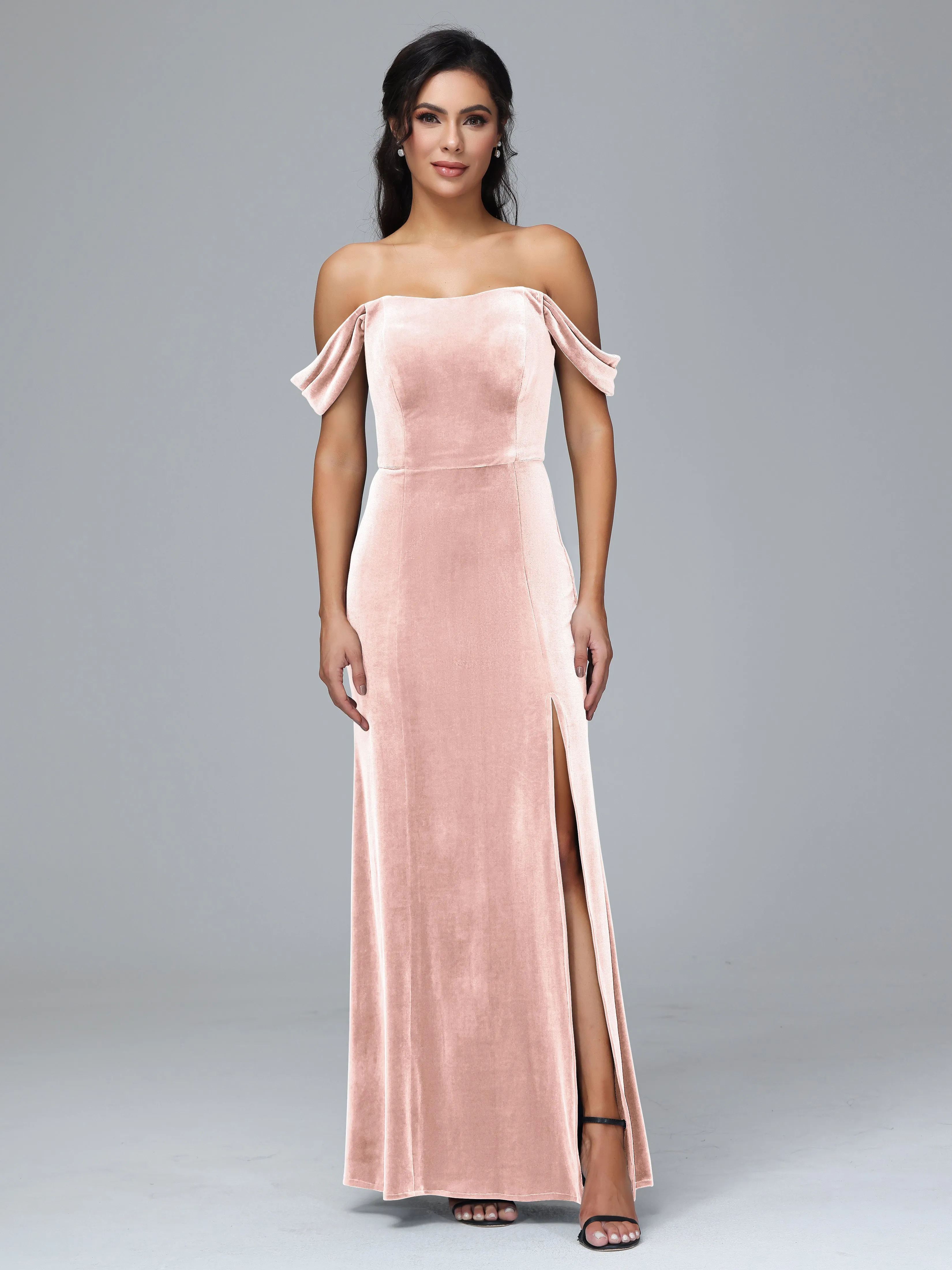 Off Shoulder Zipper Split Velvet Bridesmaid Dresses