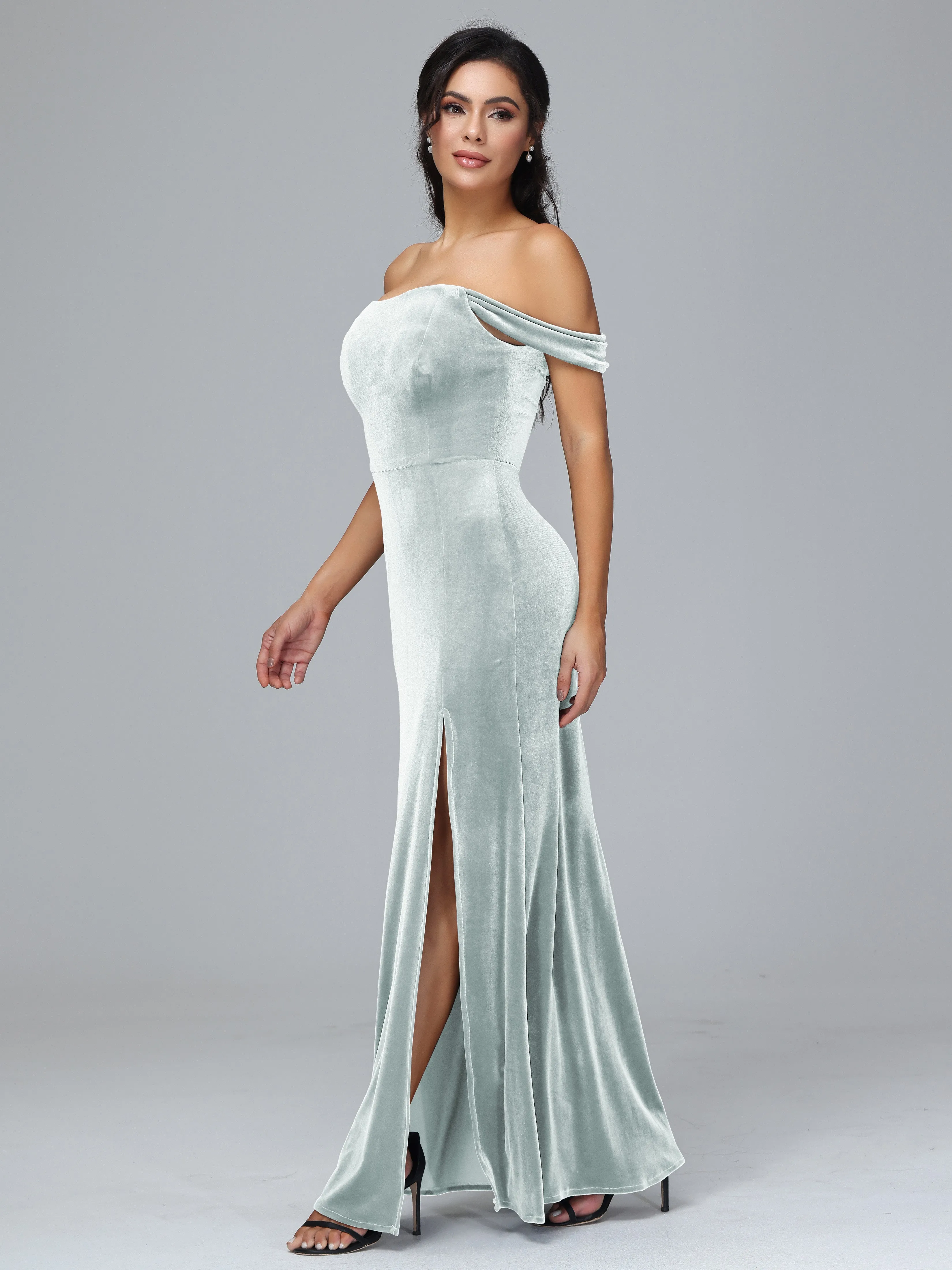 Off Shoulder Zipper Split Velvet Bridesmaid Dresses