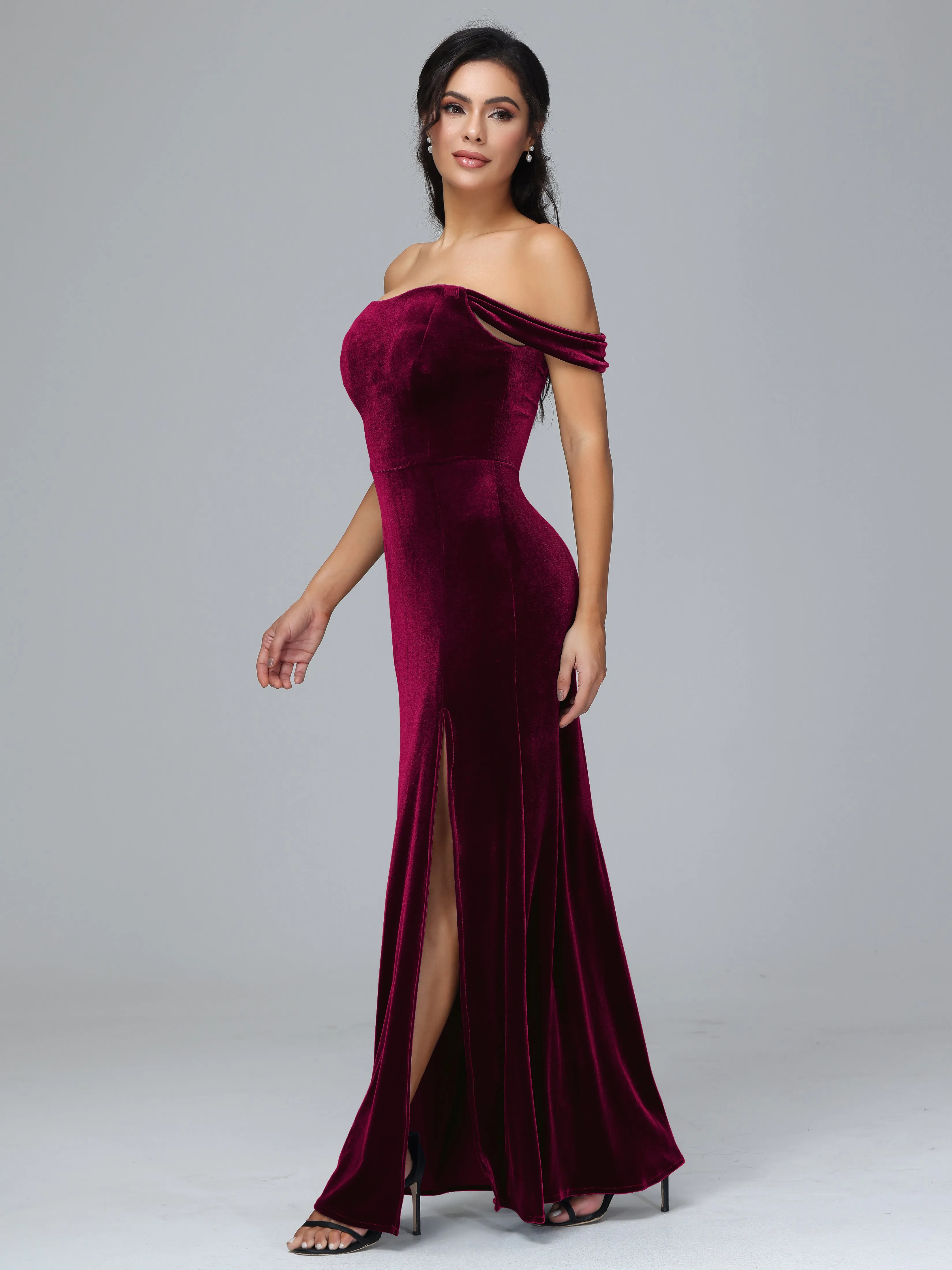 Off Shoulder Zipper Split Velvet Bridesmaid Dresses