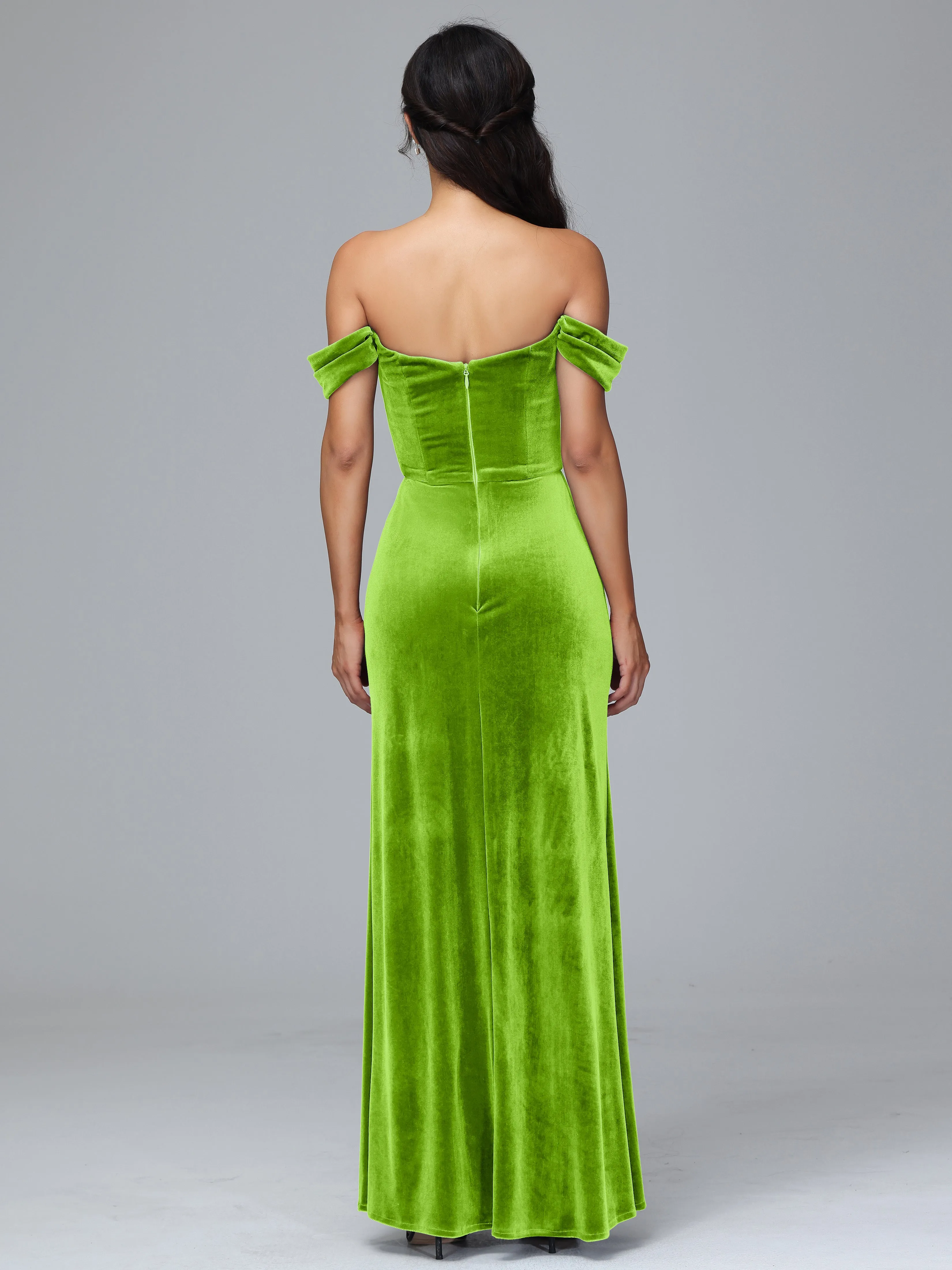 Off Shoulder Zipper Split Velvet Bridesmaid Dresses