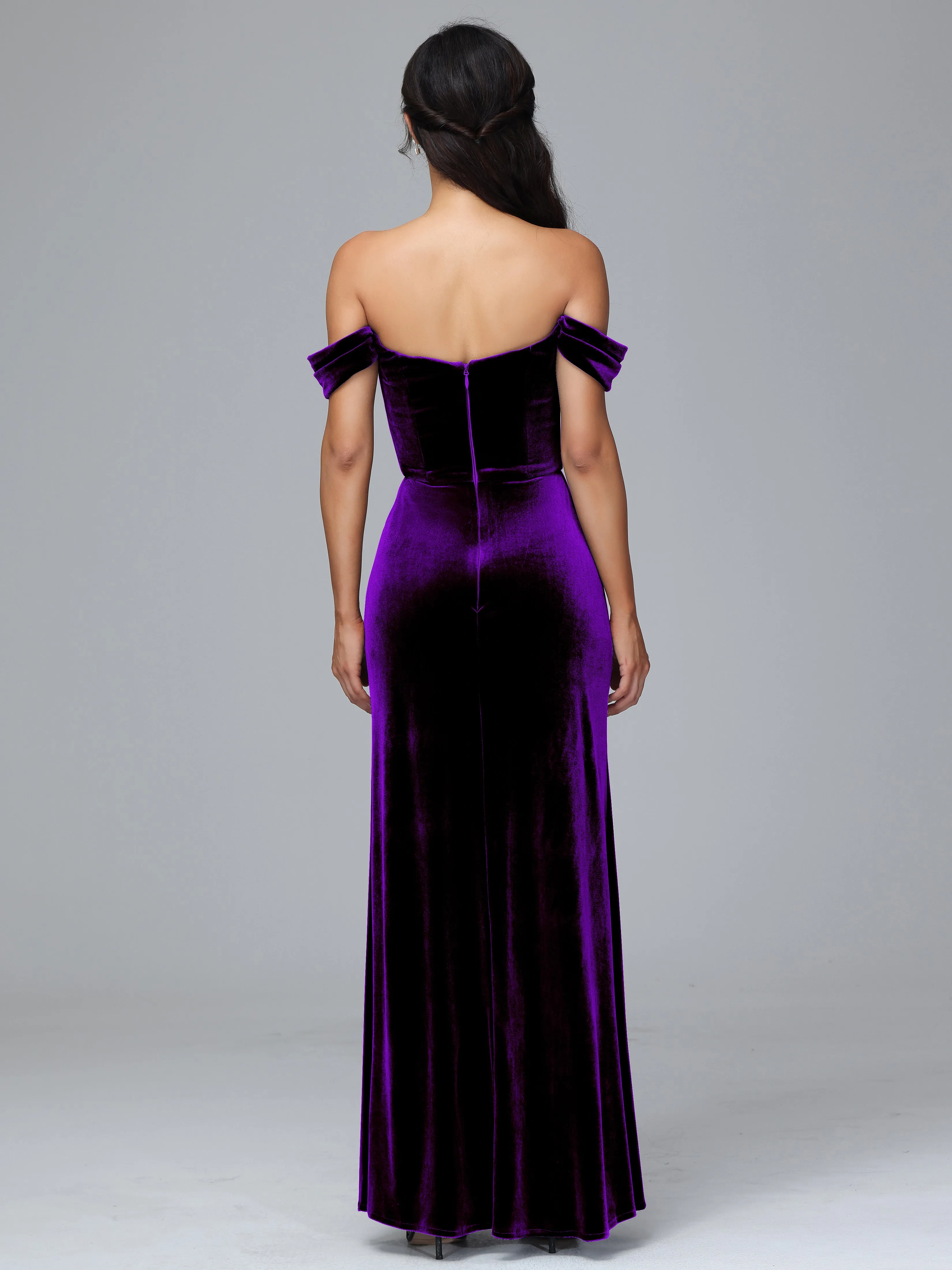 Off Shoulder Zipper Split Velvet Bridesmaid Dresses