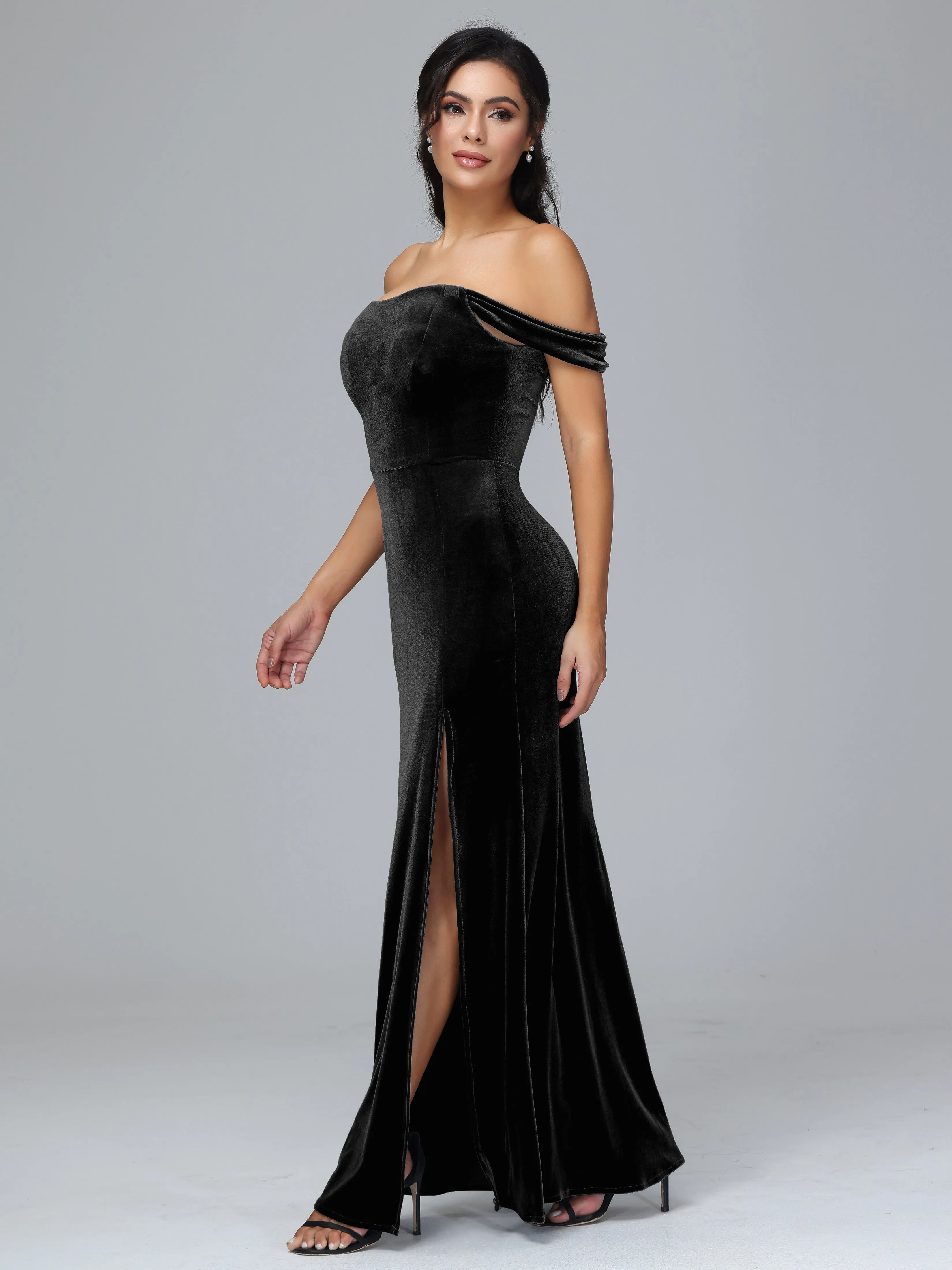 Off Shoulder Zipper Split Velvet Bridesmaid Dresses