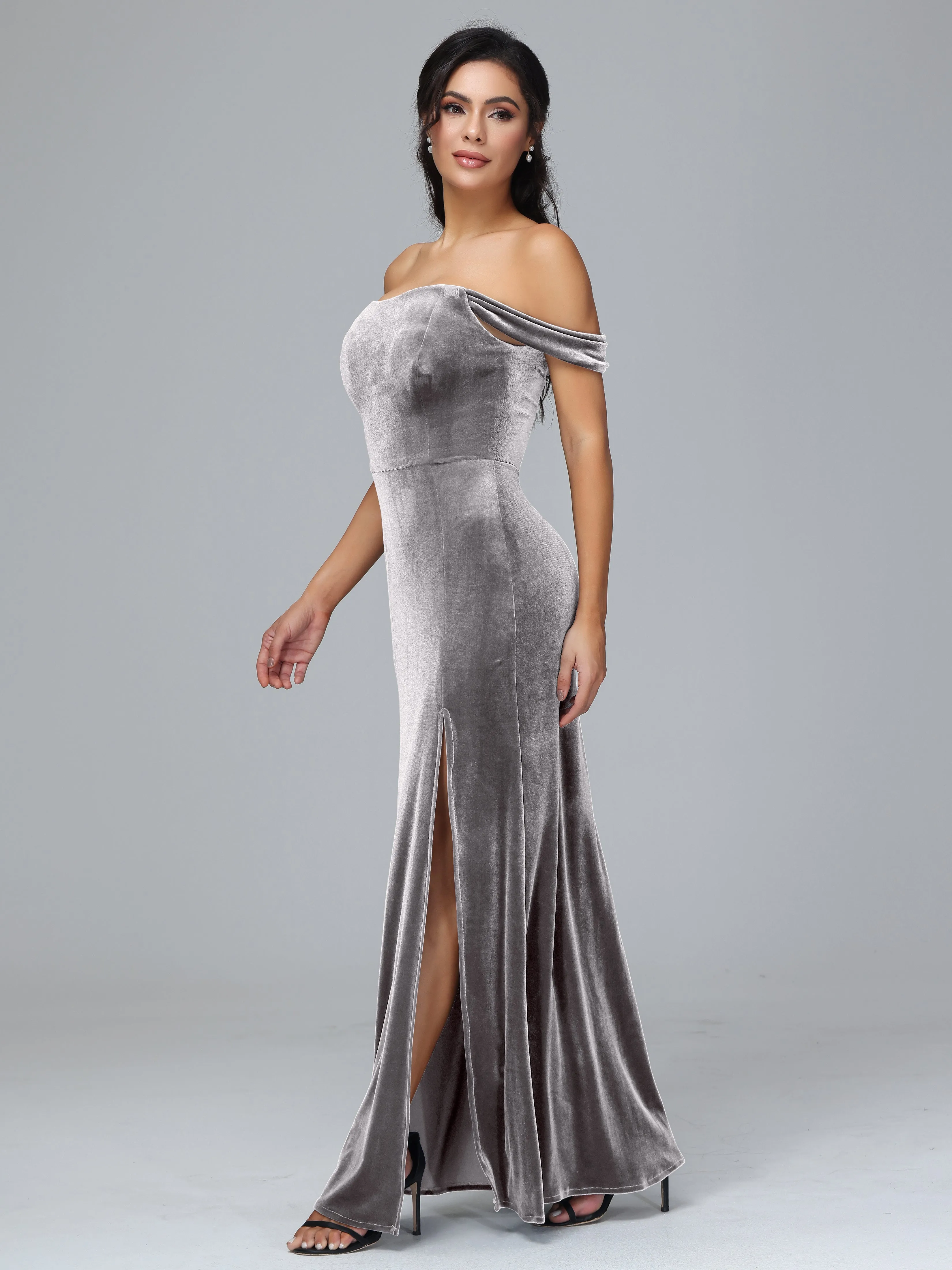 Off Shoulder Zipper Split Velvet Bridesmaid Dresses
