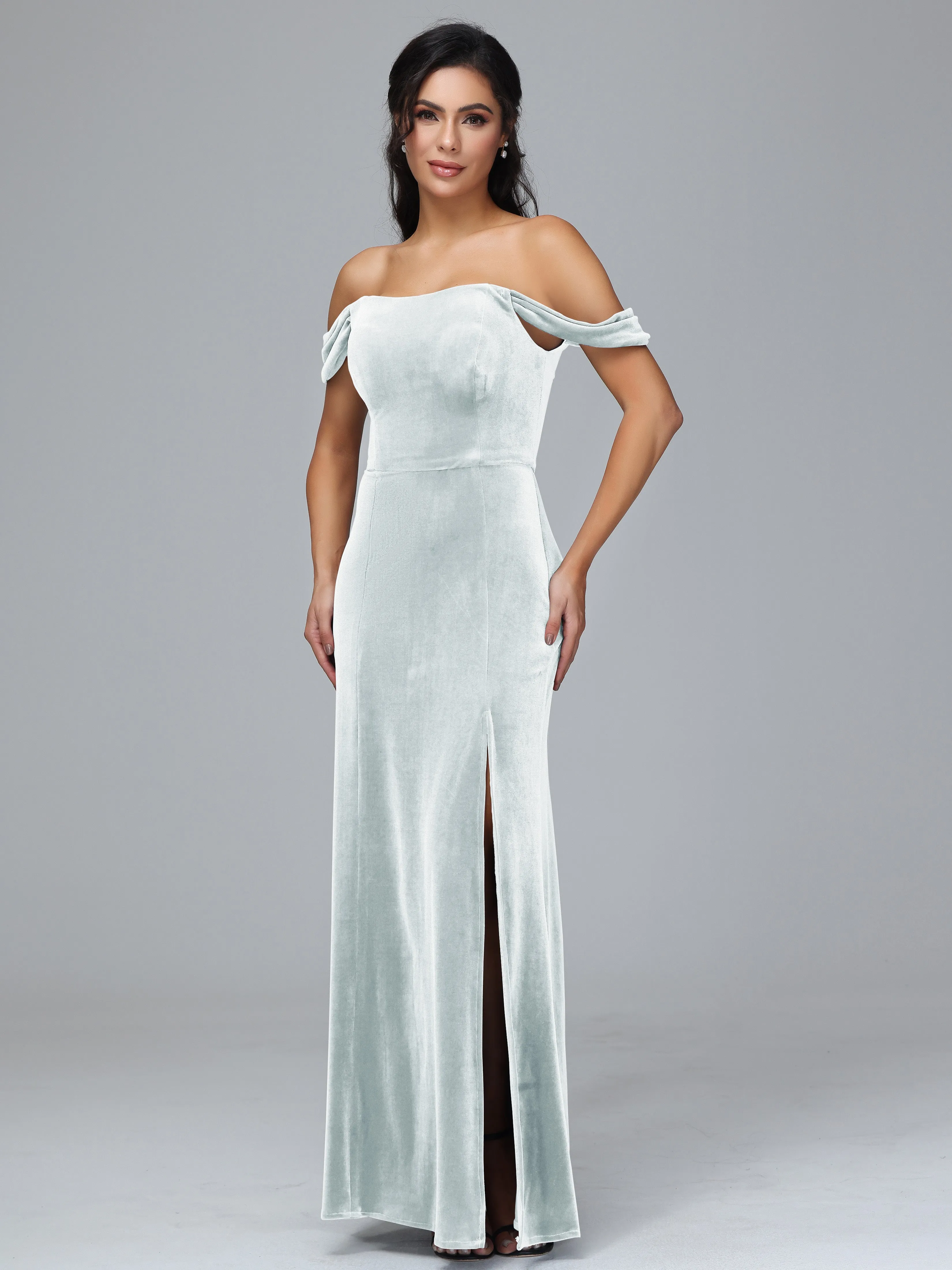 Off Shoulder Zipper Split Velvet Bridesmaid Dresses