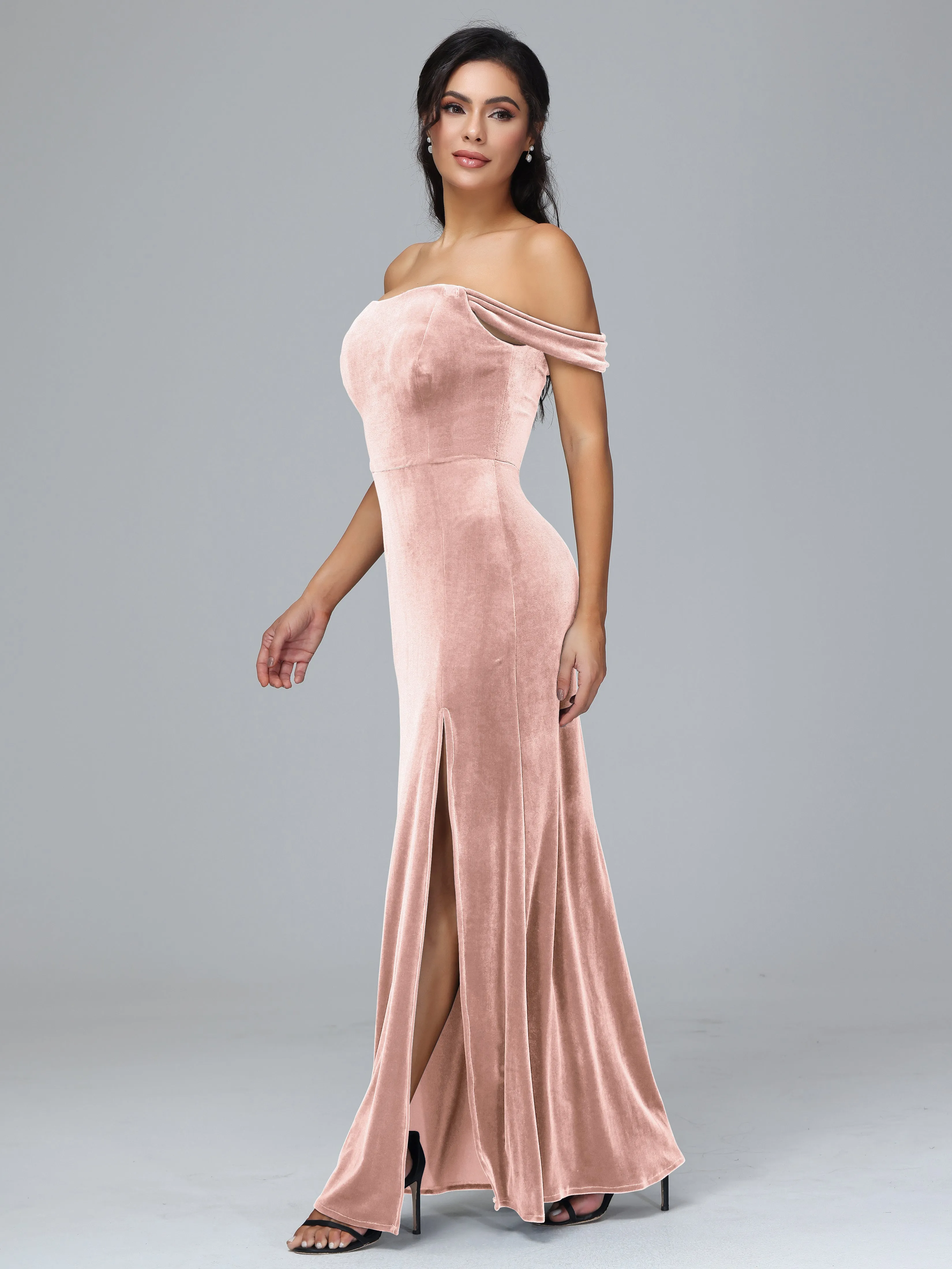 Off Shoulder Zipper Split Velvet Bridesmaid Dresses