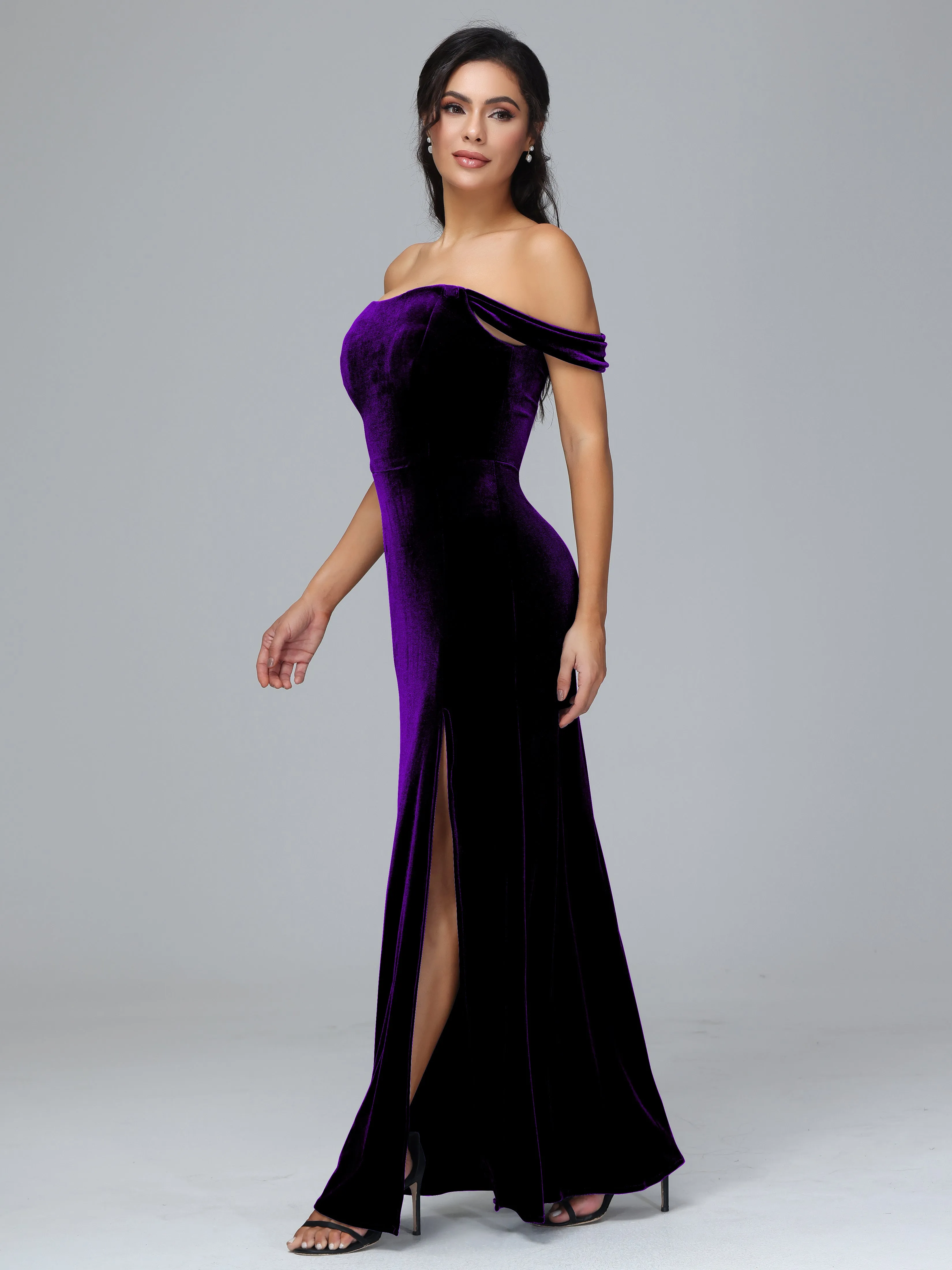 Off Shoulder Zipper Split Velvet Bridesmaid Dresses