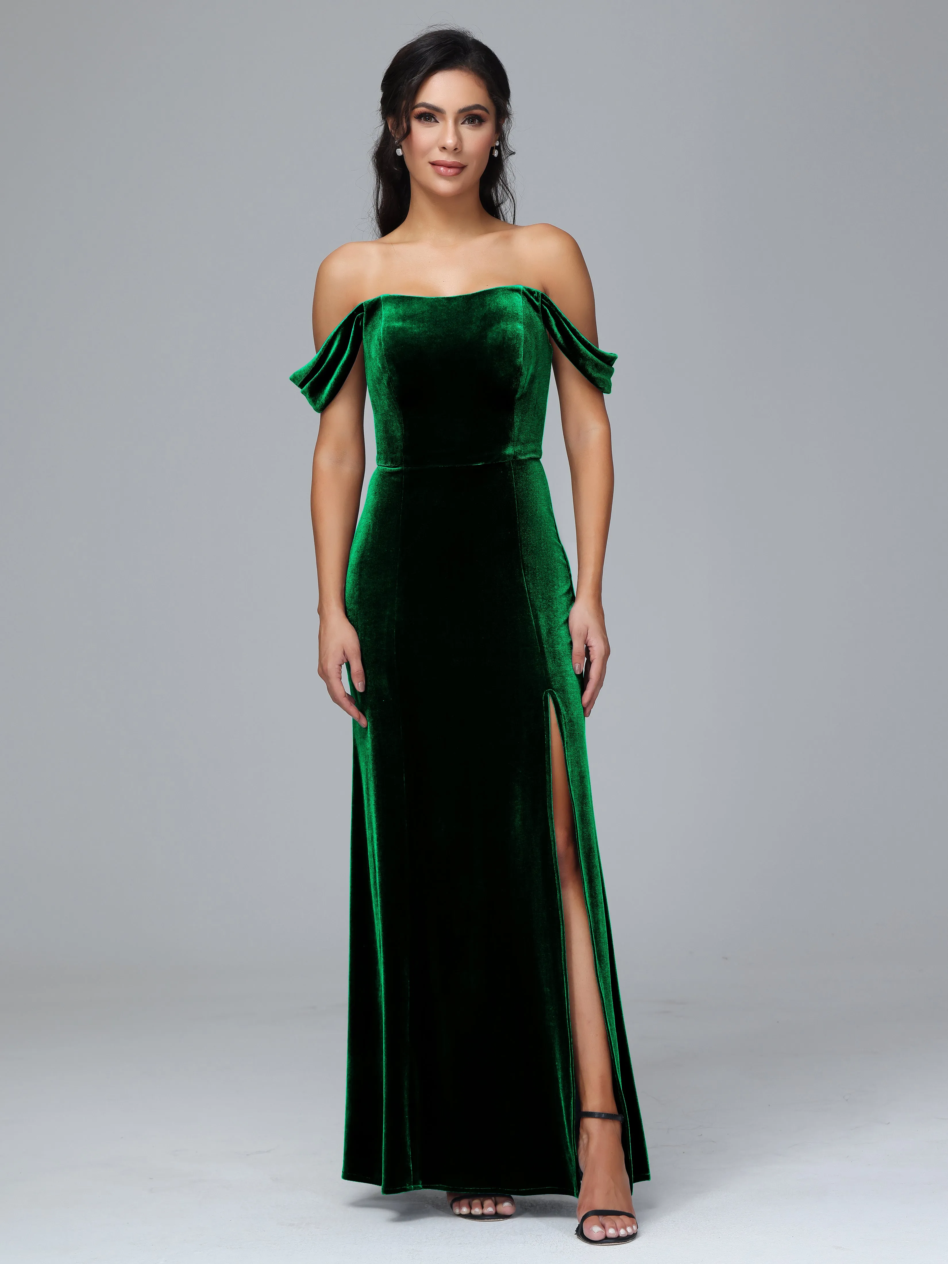Off Shoulder Zipper Split Velvet Bridesmaid Dresses