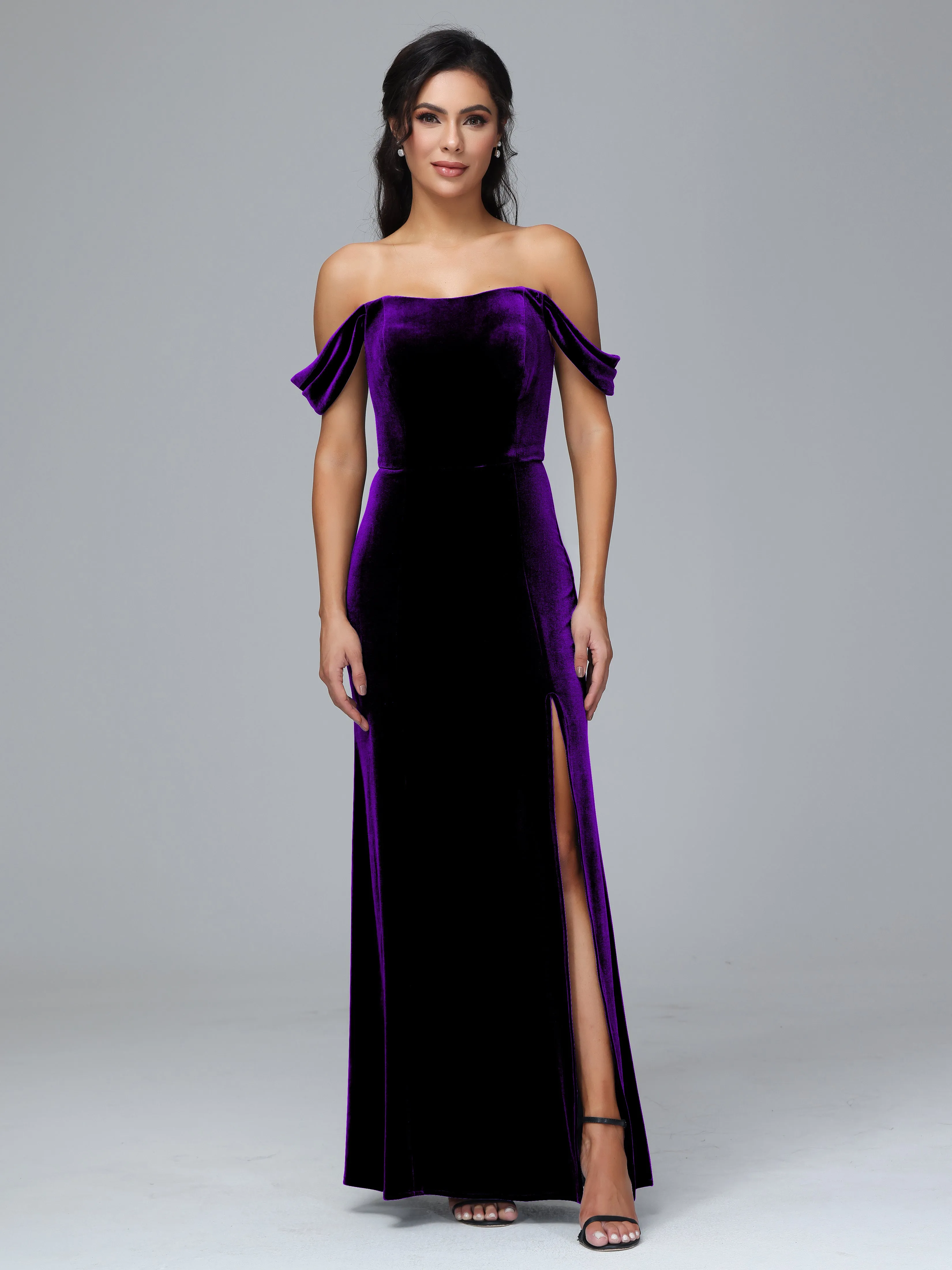 Off Shoulder Zipper Split Velvet Bridesmaid Dresses