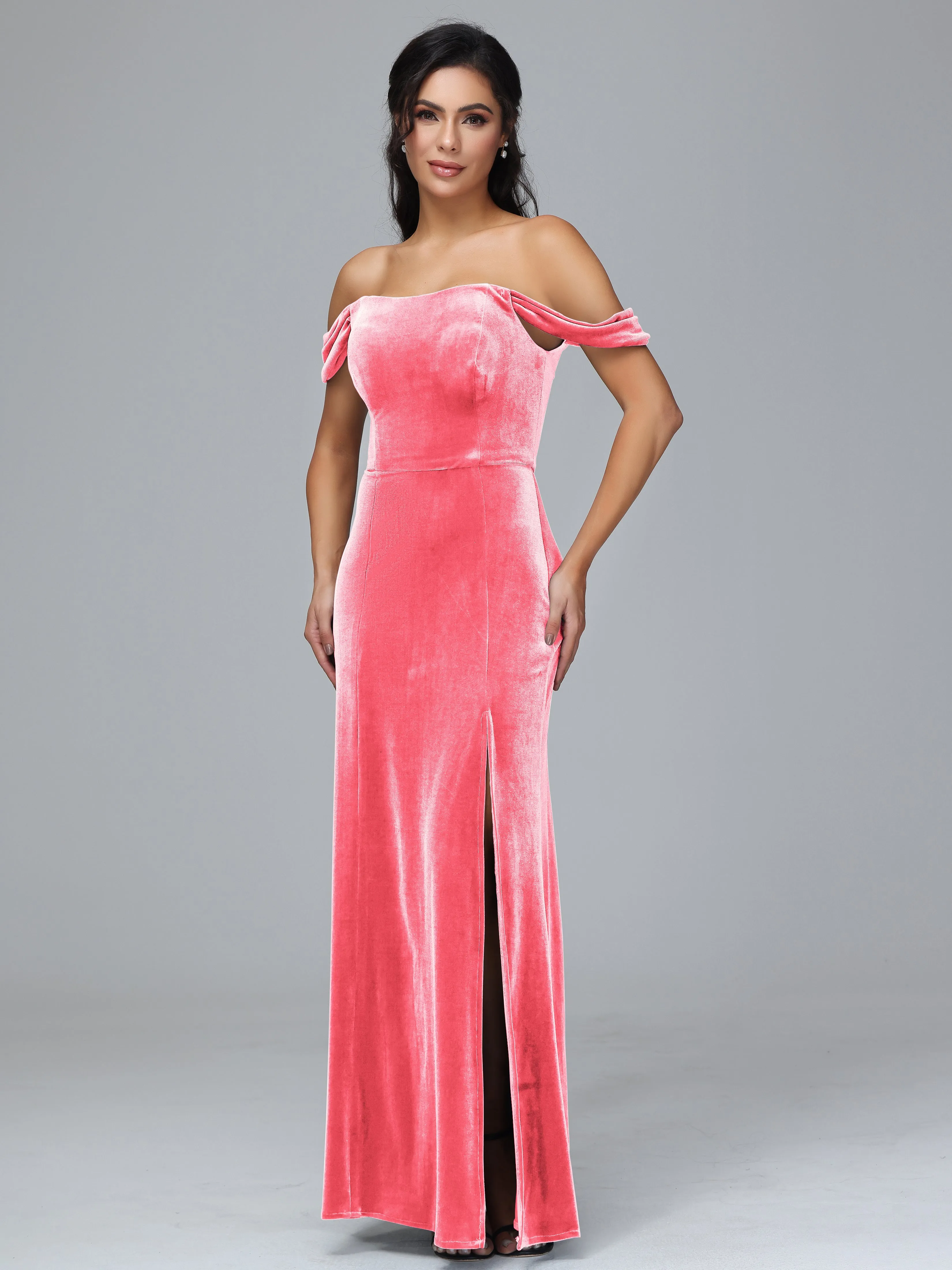 Off Shoulder Zipper Split Velvet Bridesmaid Dresses
