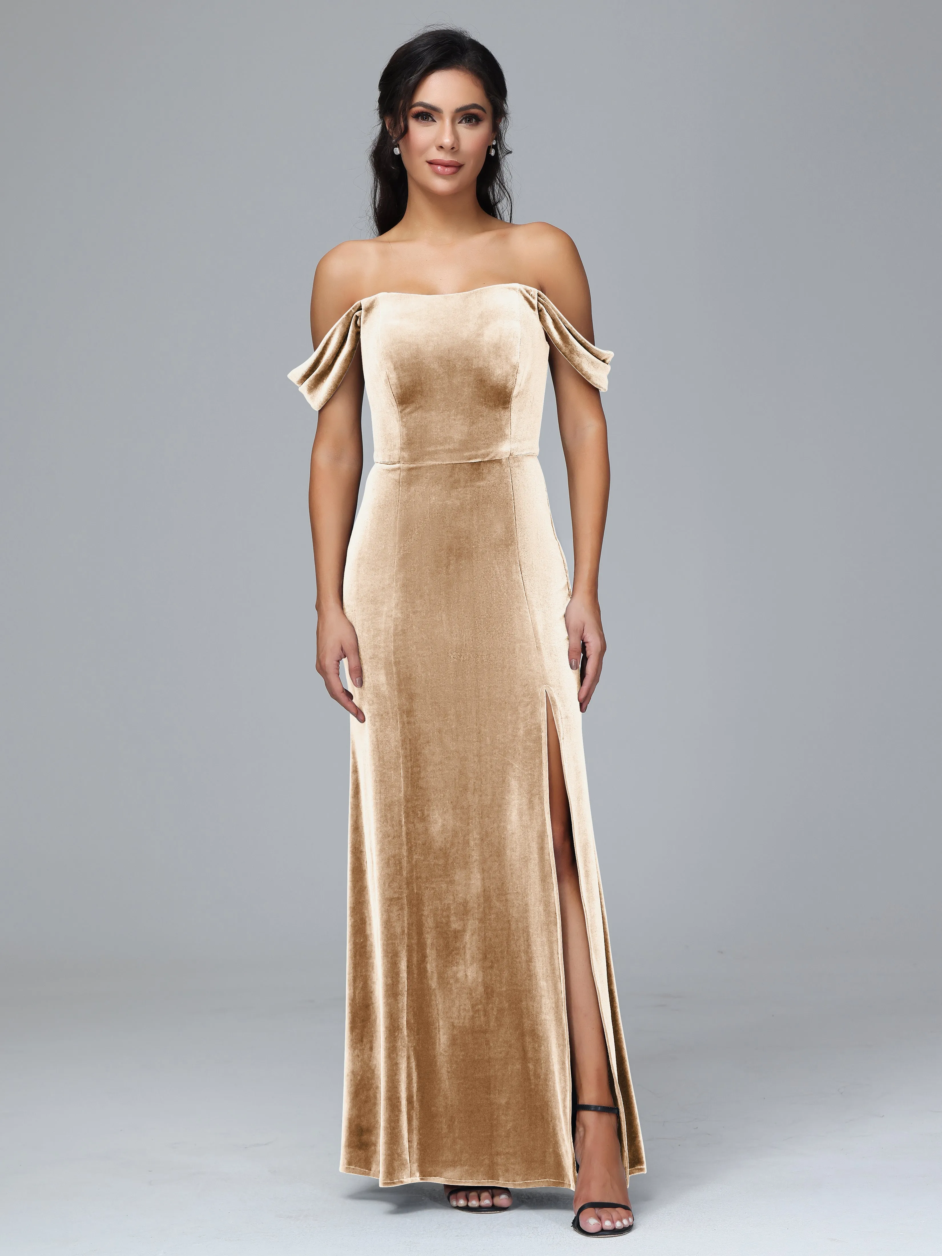 Off Shoulder Zipper Split Velvet Bridesmaid Dresses