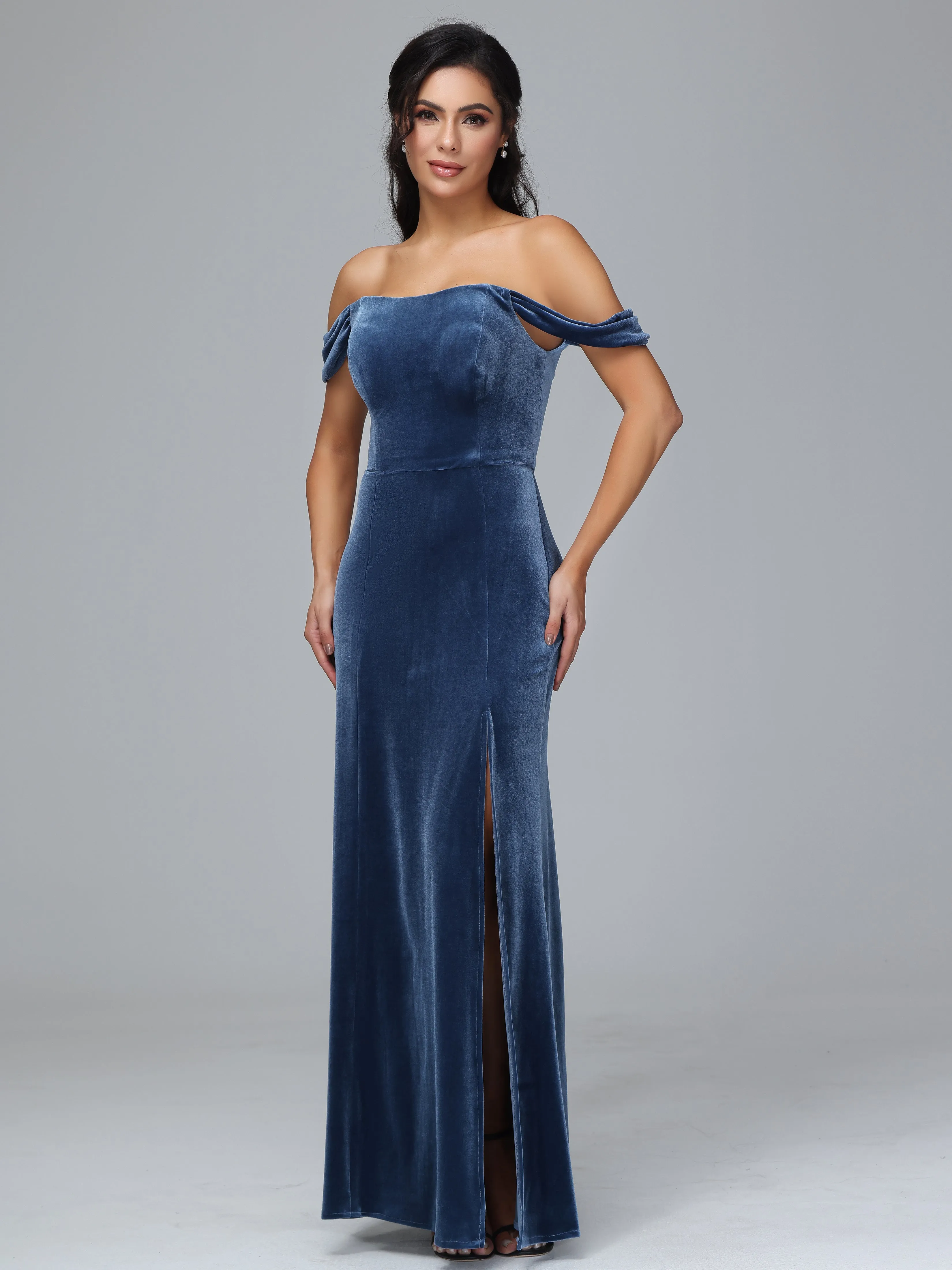 Off Shoulder Zipper Split Velvet Bridesmaid Dresses