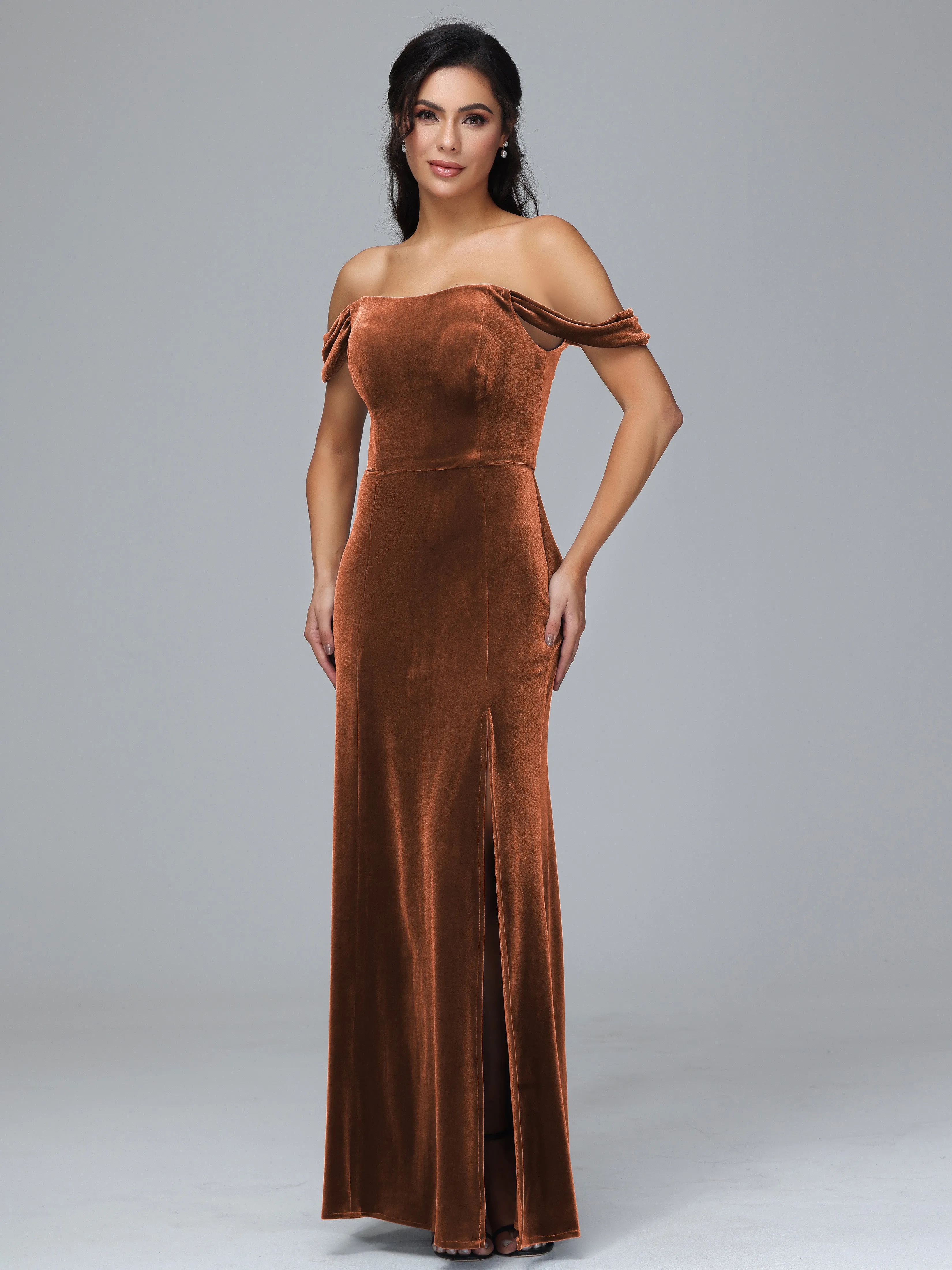 Off Shoulder Zipper Split Velvet Bridesmaid Dresses