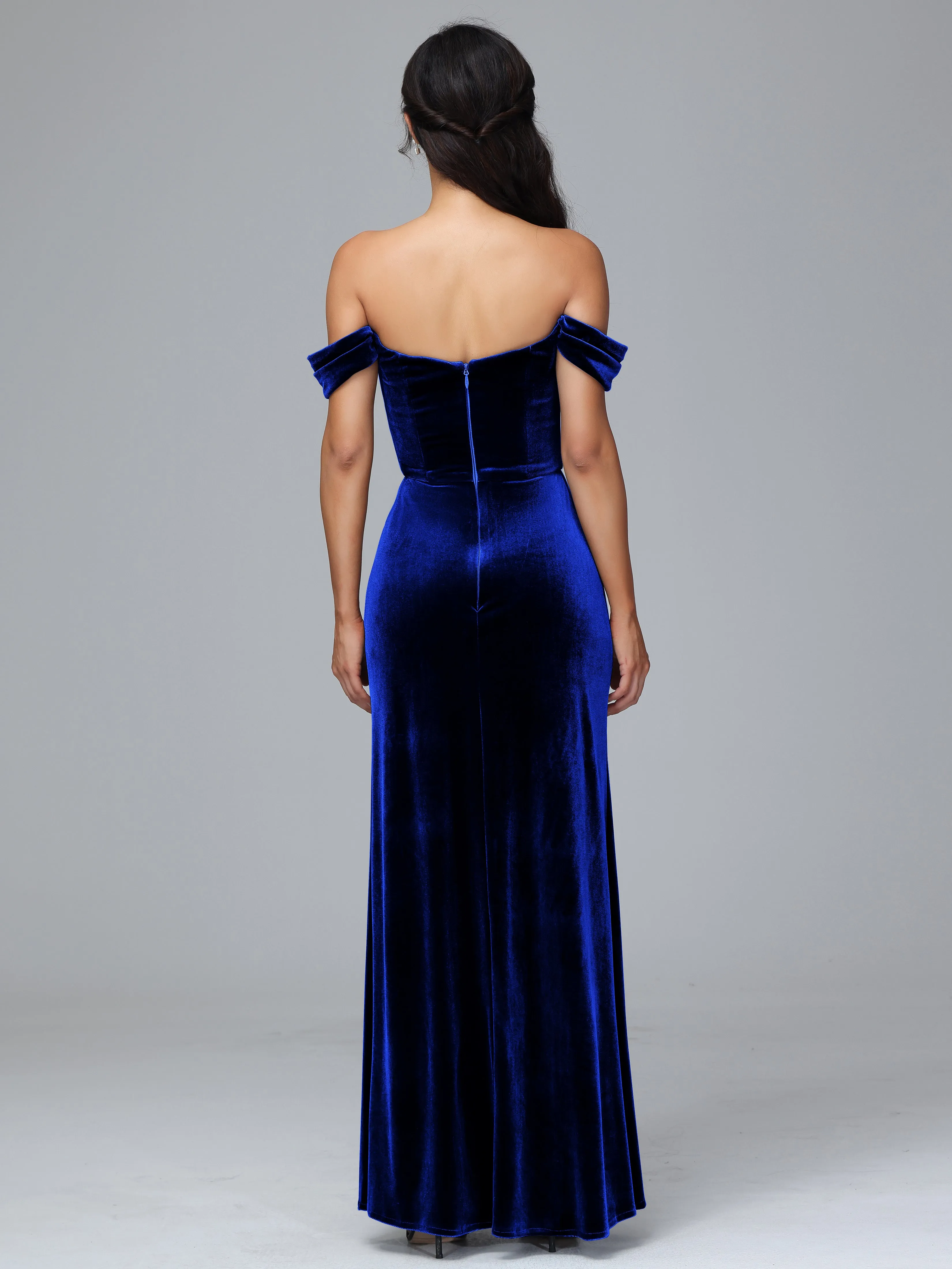 Off Shoulder Zipper Split Velvet Bridesmaid Dresses