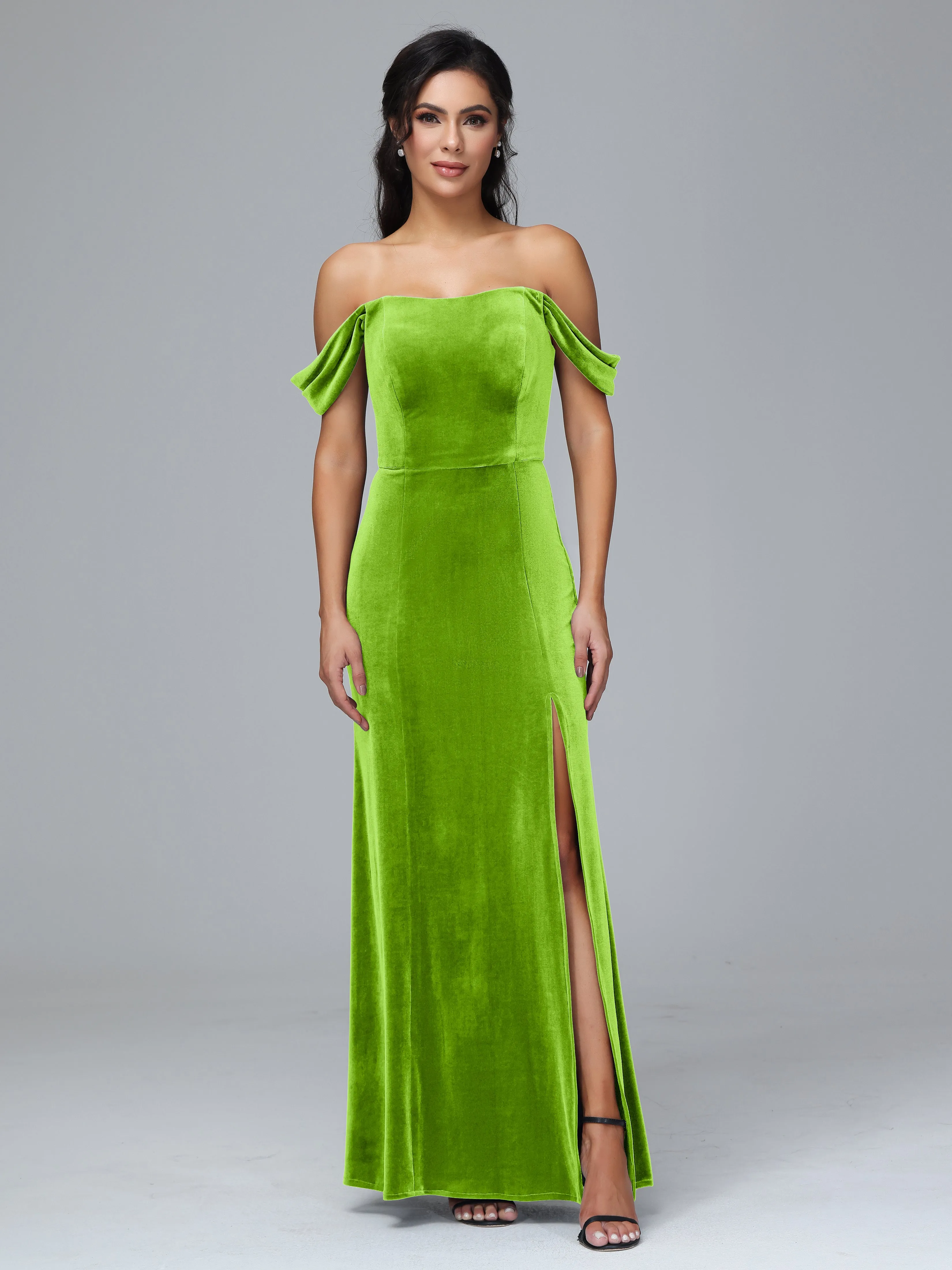 Off Shoulder Zipper Split Velvet Bridesmaid Dresses
