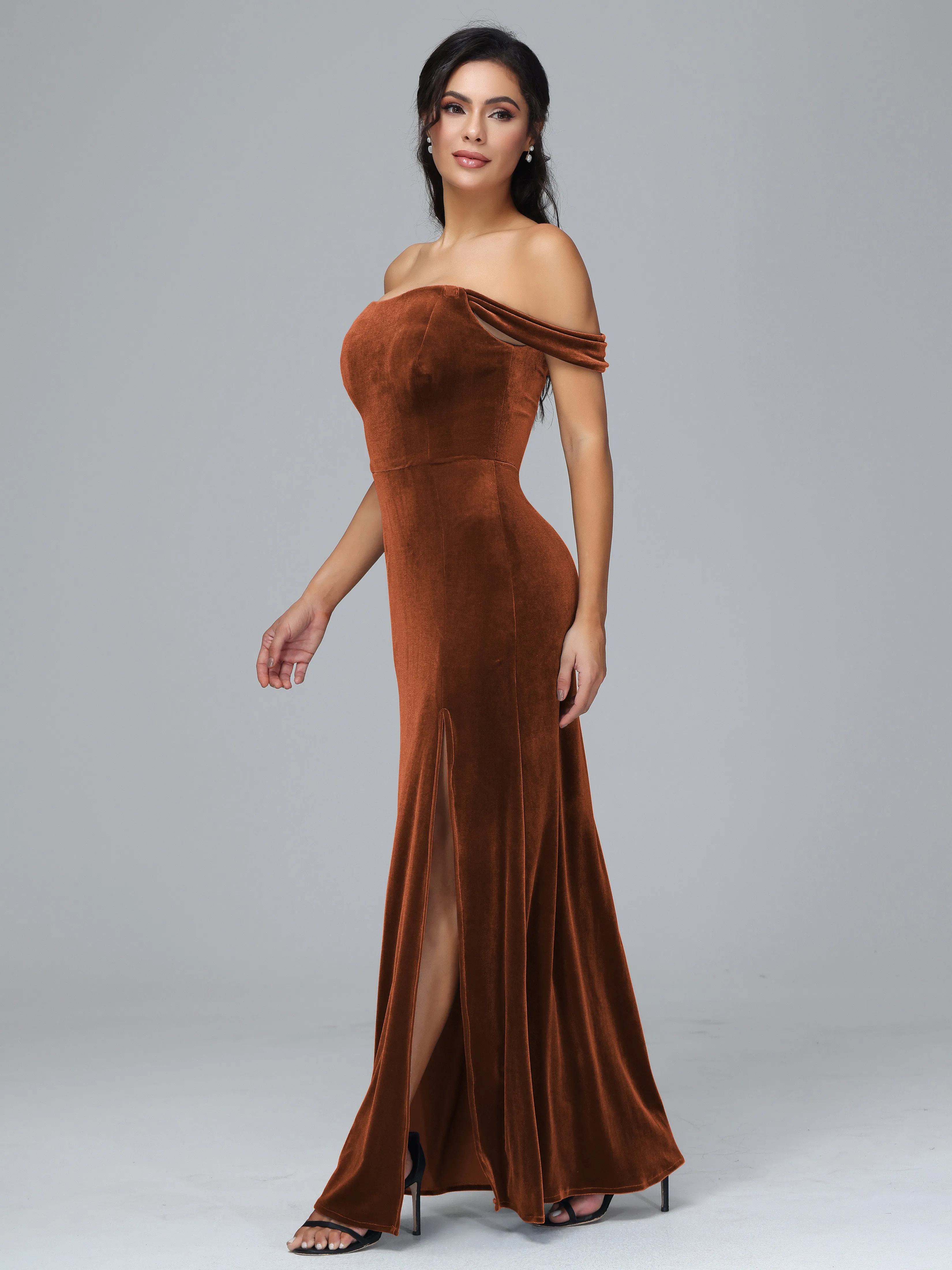 Off Shoulder Zipper Split Velvet Bridesmaid Dresses