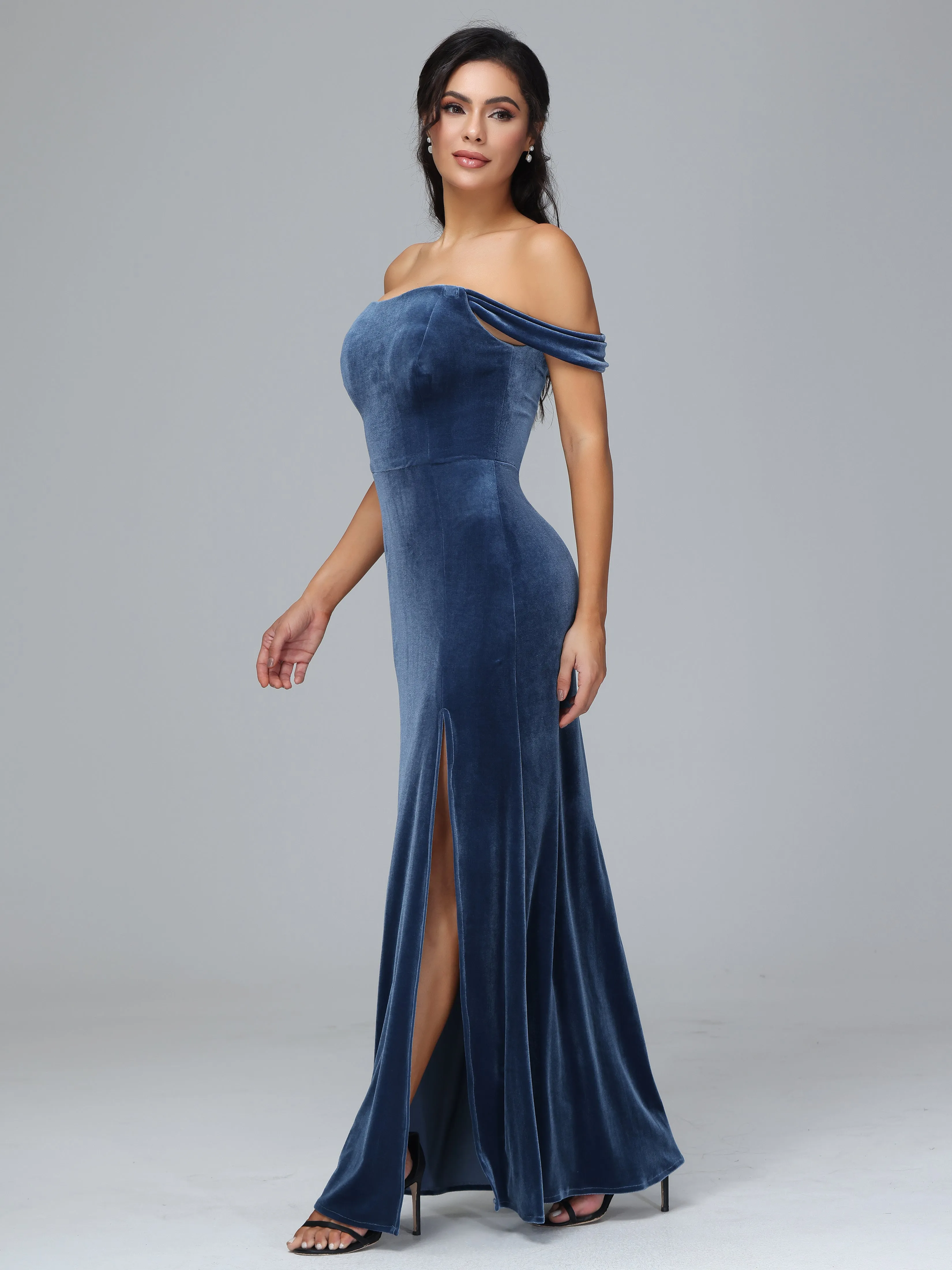 Off Shoulder Zipper Split Velvet Bridesmaid Dresses