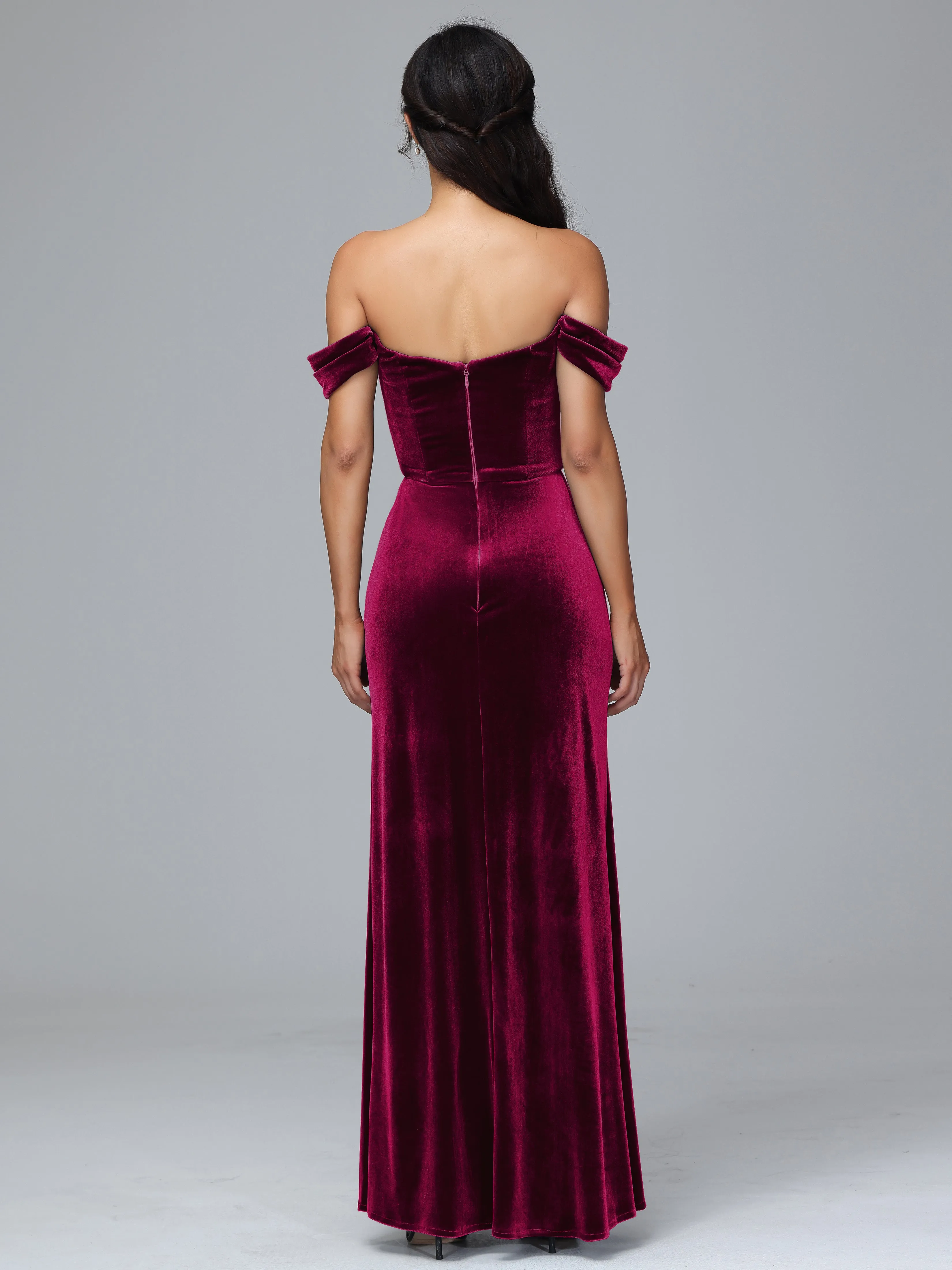 Off Shoulder Zipper Split Velvet Bridesmaid Dresses