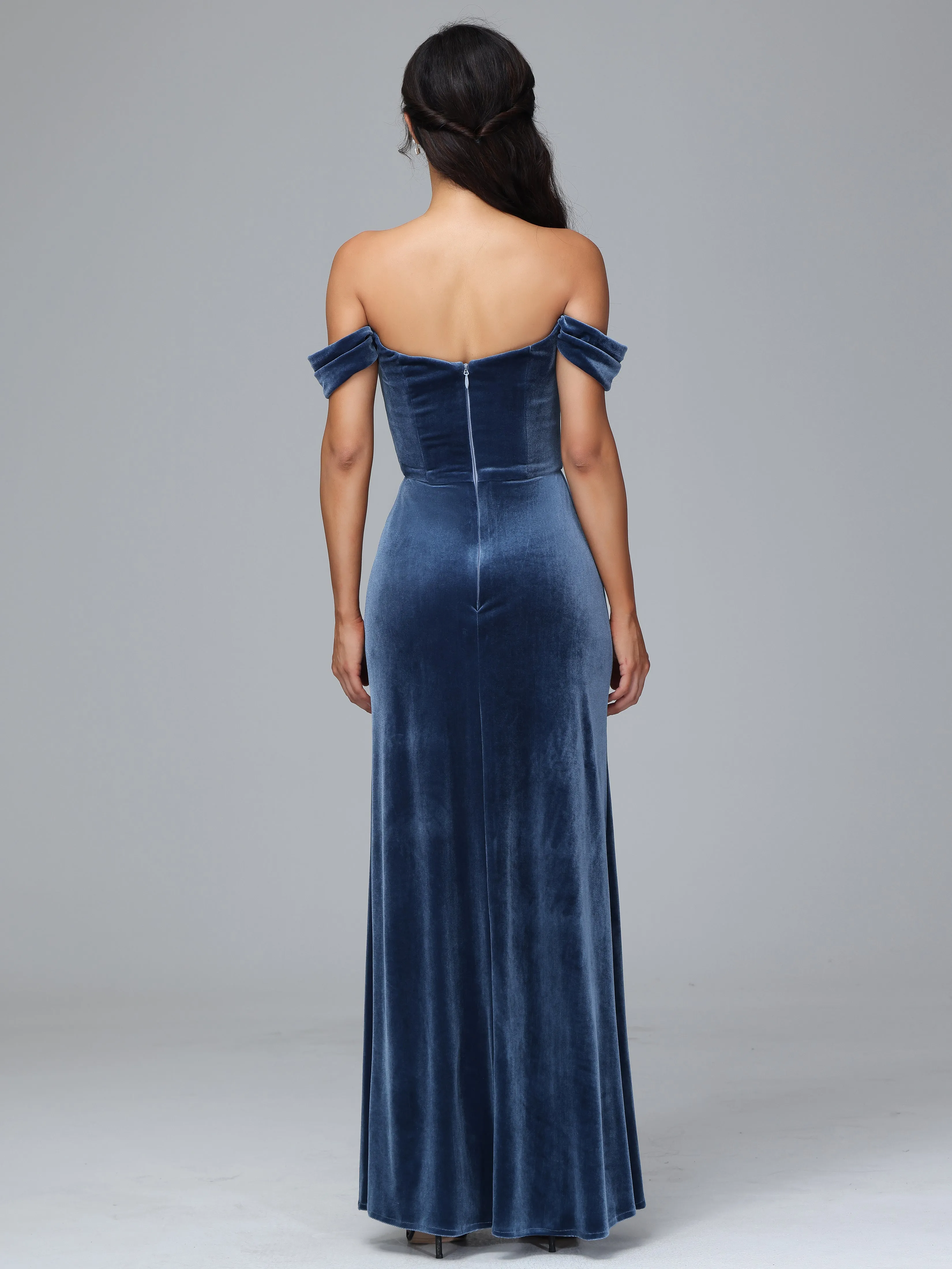 Off Shoulder Zipper Split Velvet Bridesmaid Dresses
