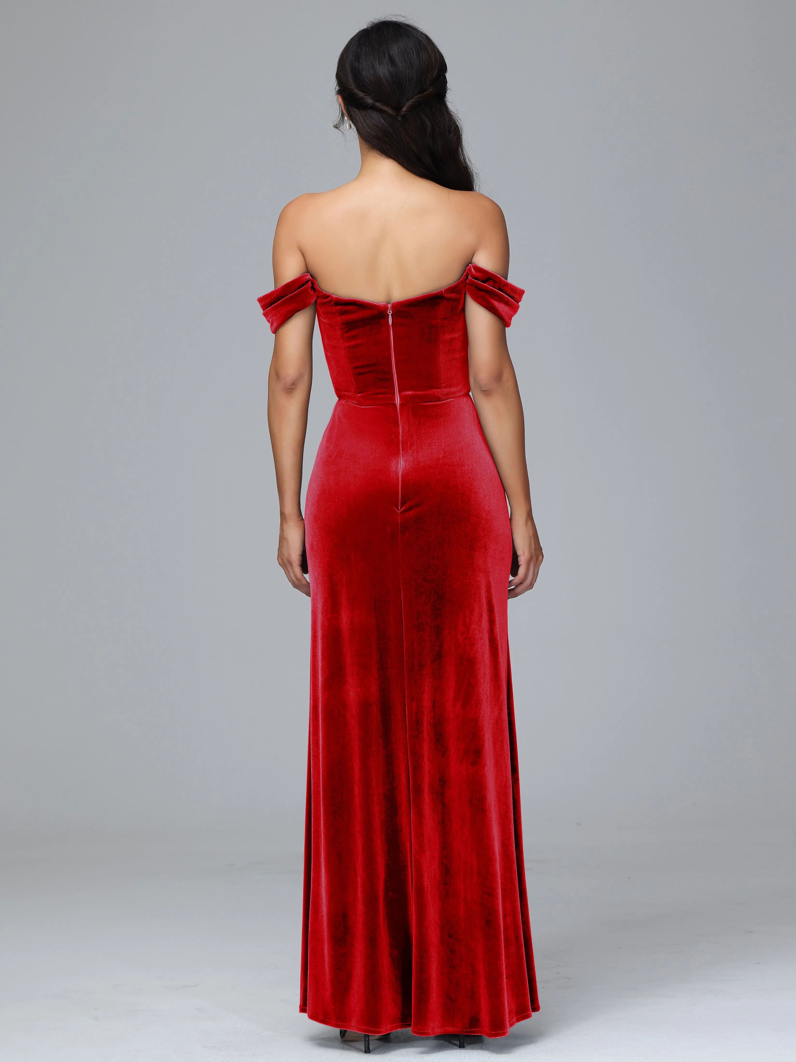 Off Shoulder Zipper Split Velvet Bridesmaid Dresses