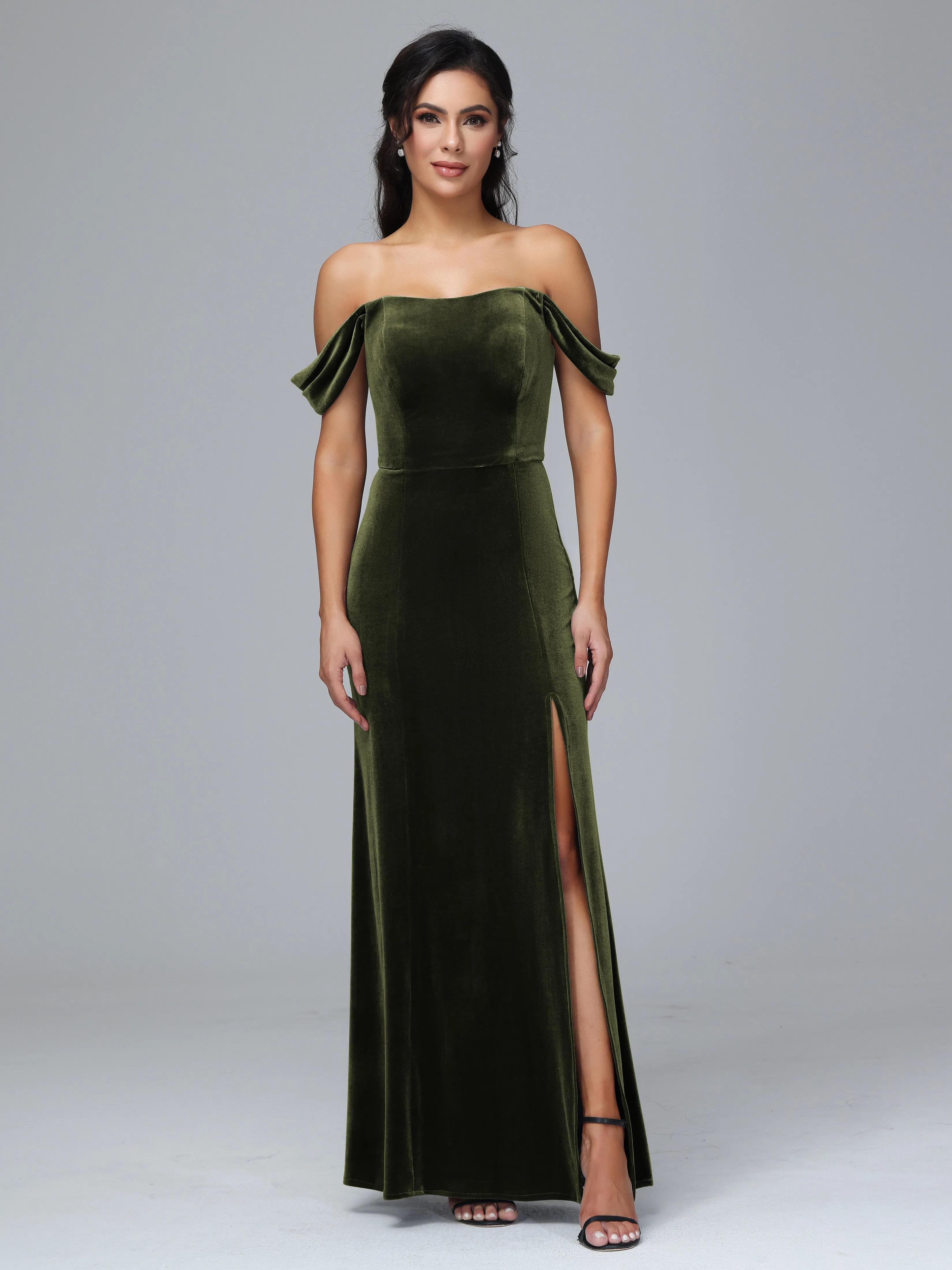 Off Shoulder Zipper Split Velvet Bridesmaid Dresses