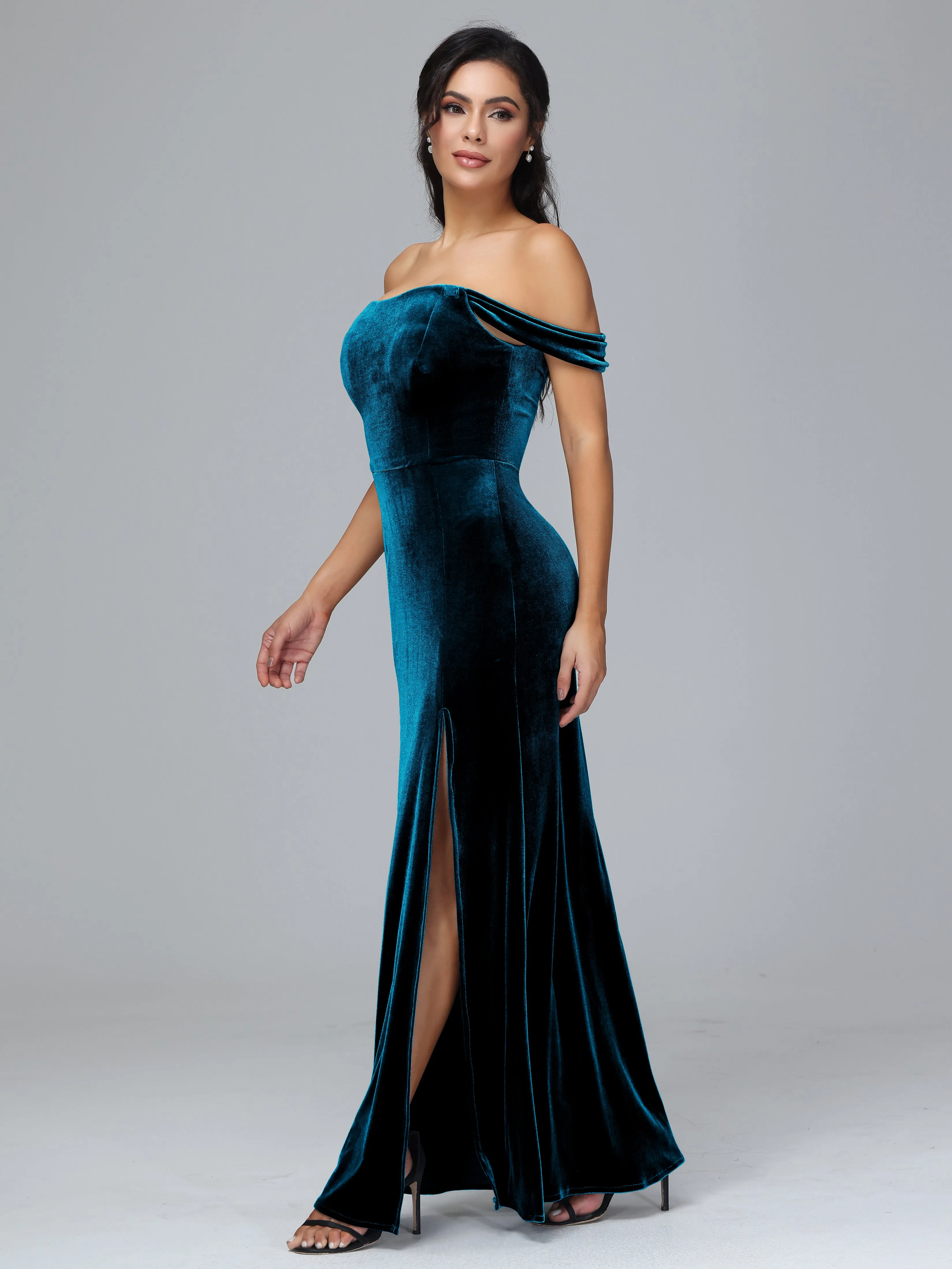 Off Shoulder Zipper Split Velvet Bridesmaid Dresses