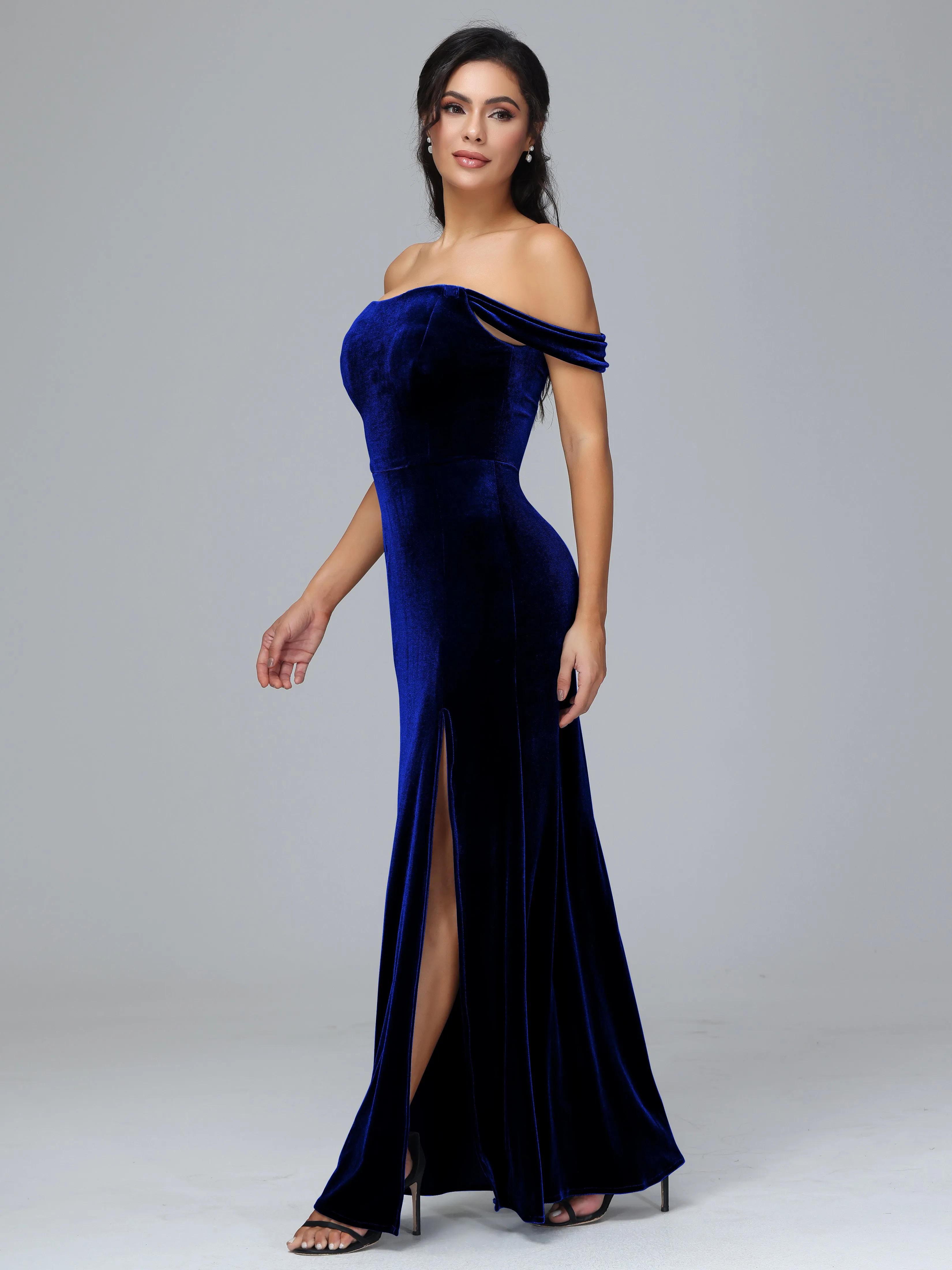 Off Shoulder Zipper Split Velvet Bridesmaid Dresses