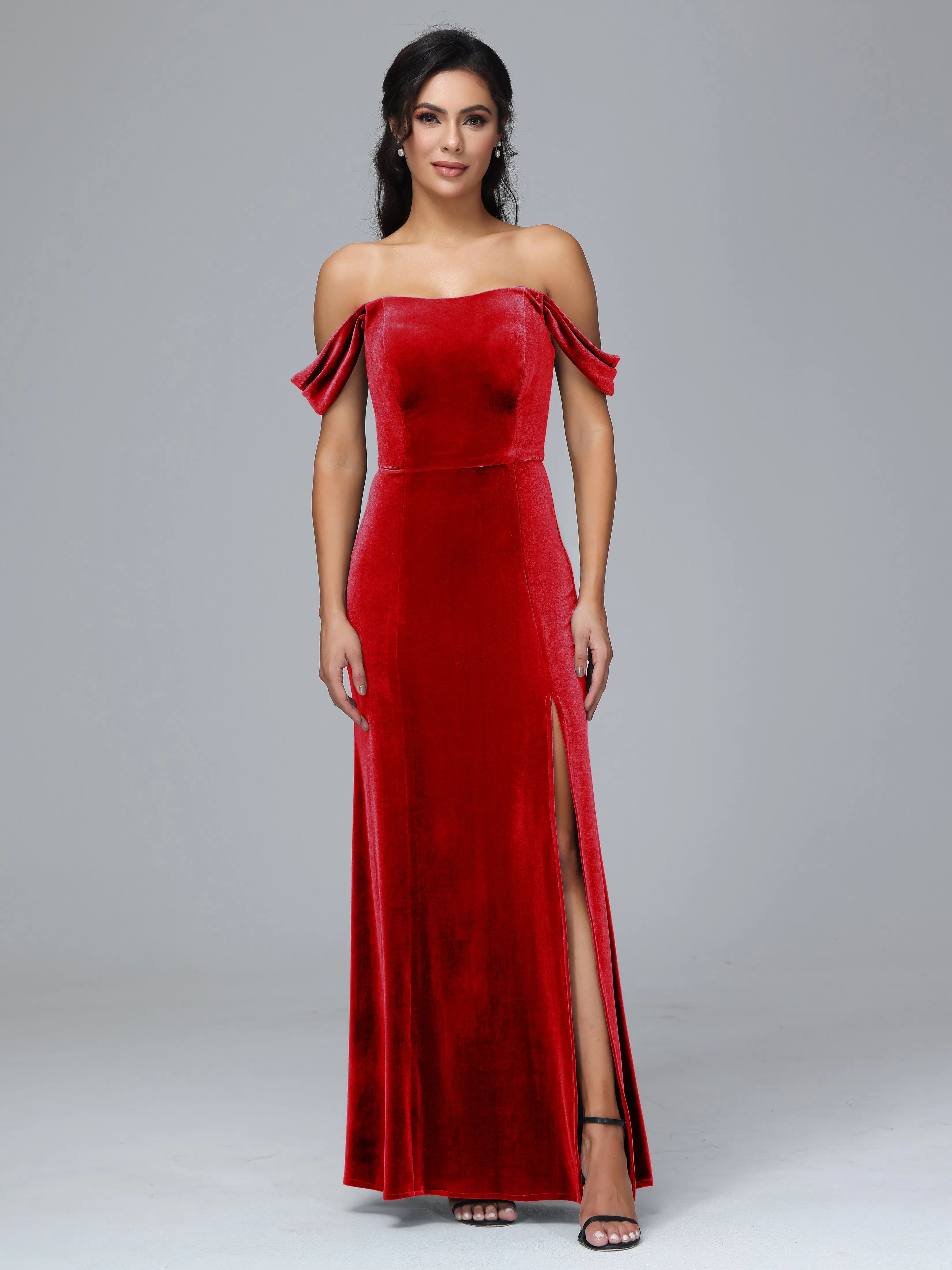 Off Shoulder Zipper Split Velvet Bridesmaid Dresses
