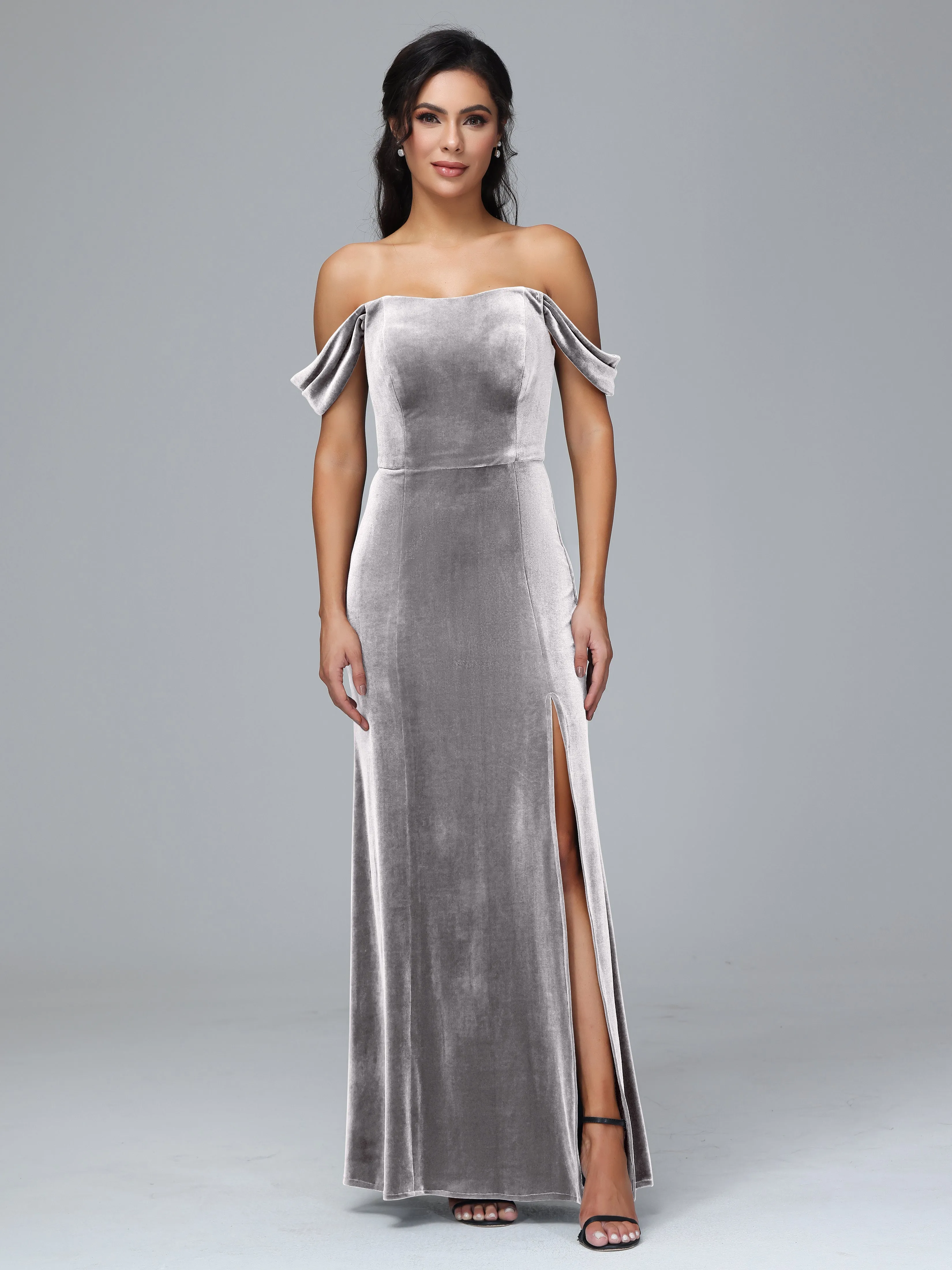 Off Shoulder Zipper Split Velvet Bridesmaid Dresses