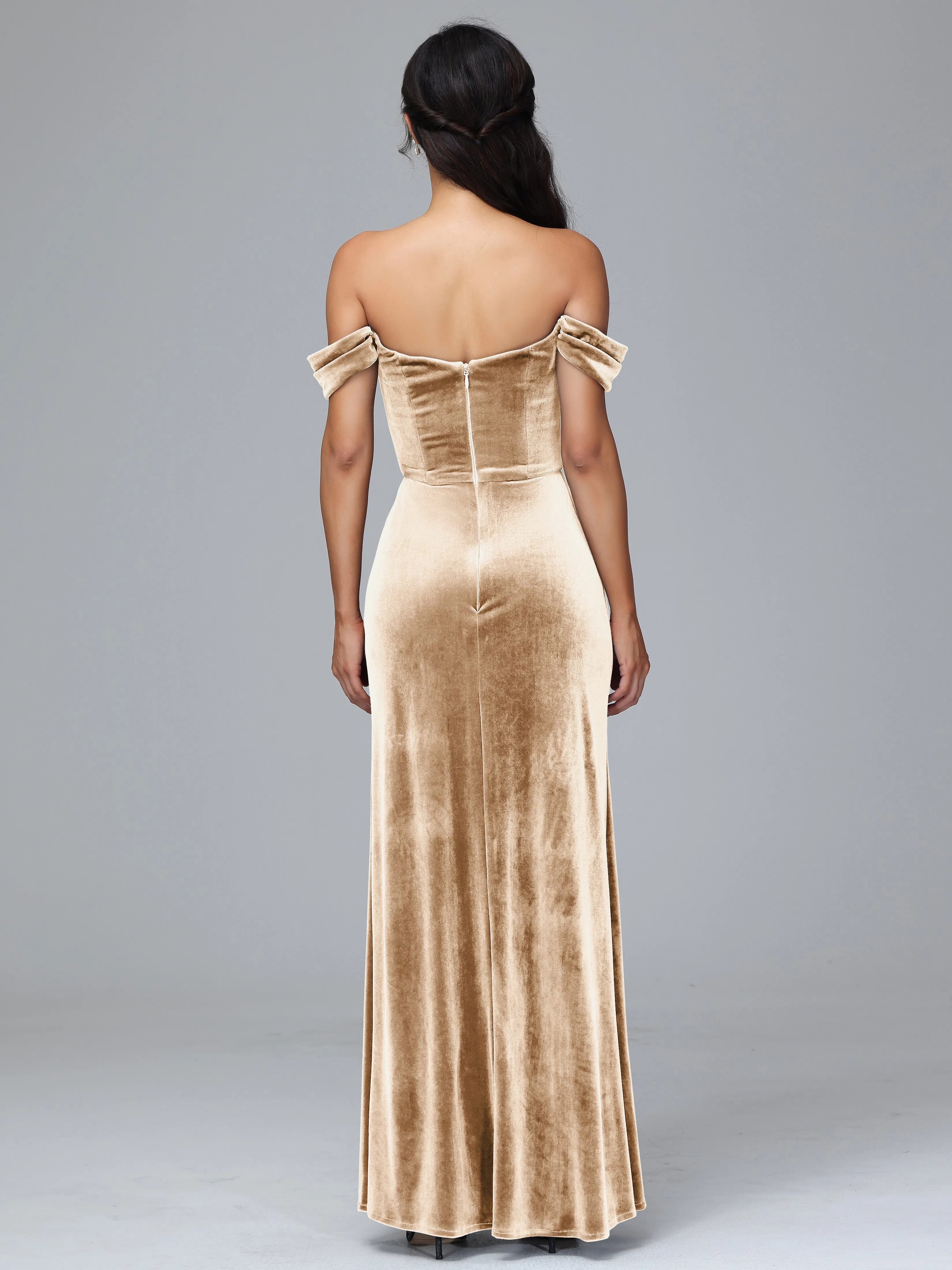 Off Shoulder Zipper Split Velvet Bridesmaid Dresses