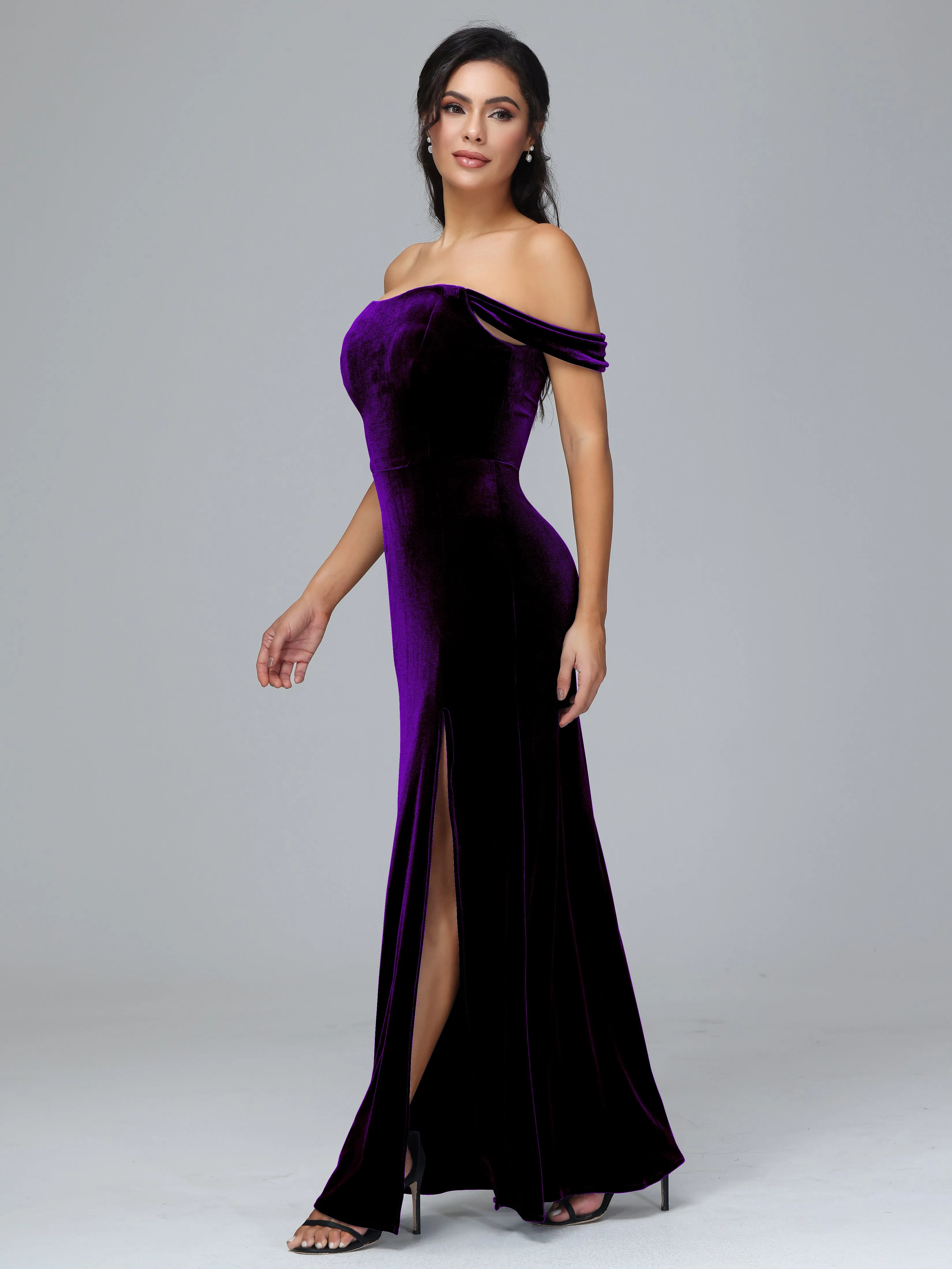 Off Shoulder Zipper Split Velvet Bridesmaid Dresses