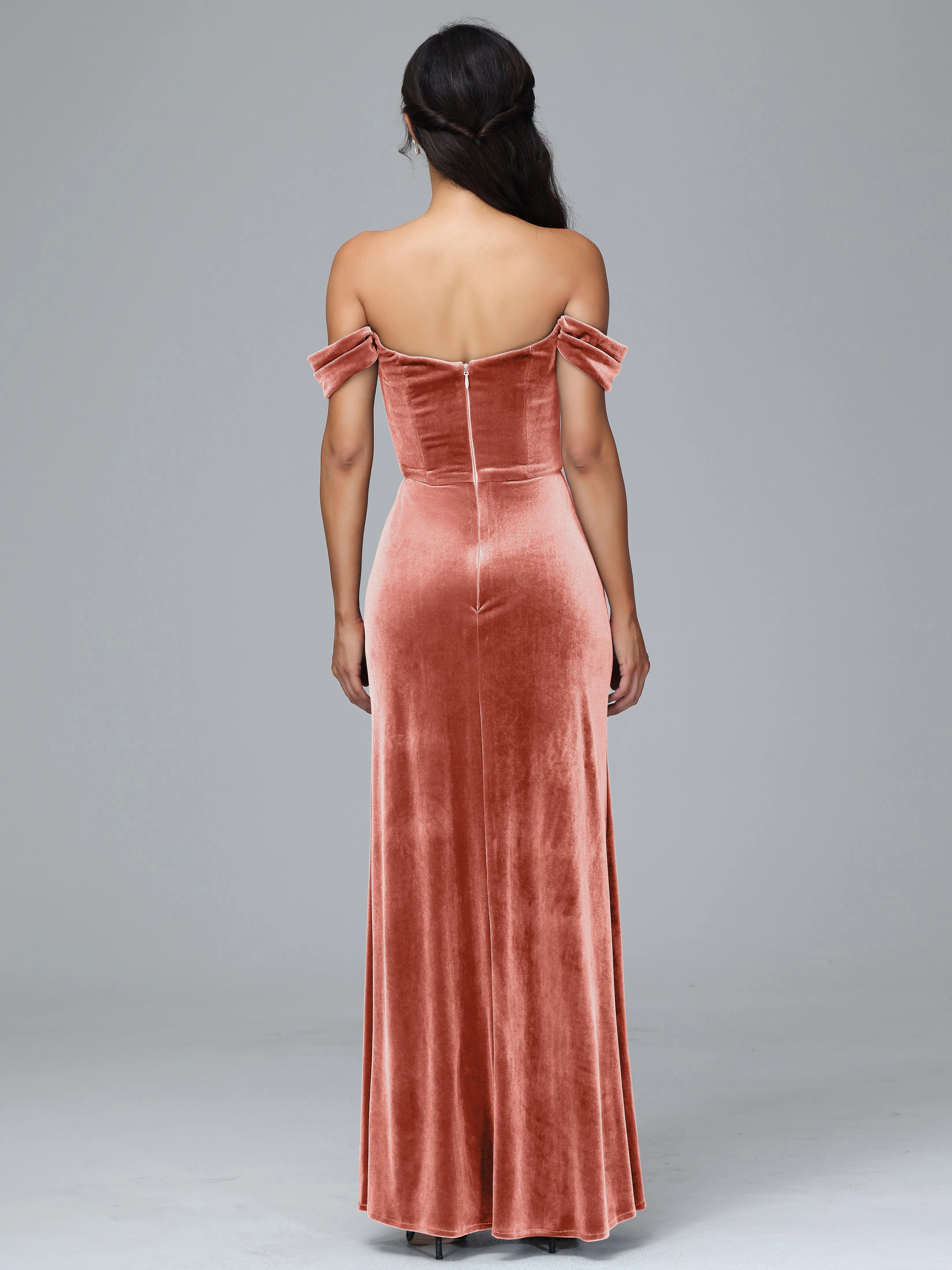Off Shoulder Zipper Split Velvet Bridesmaid Dresses