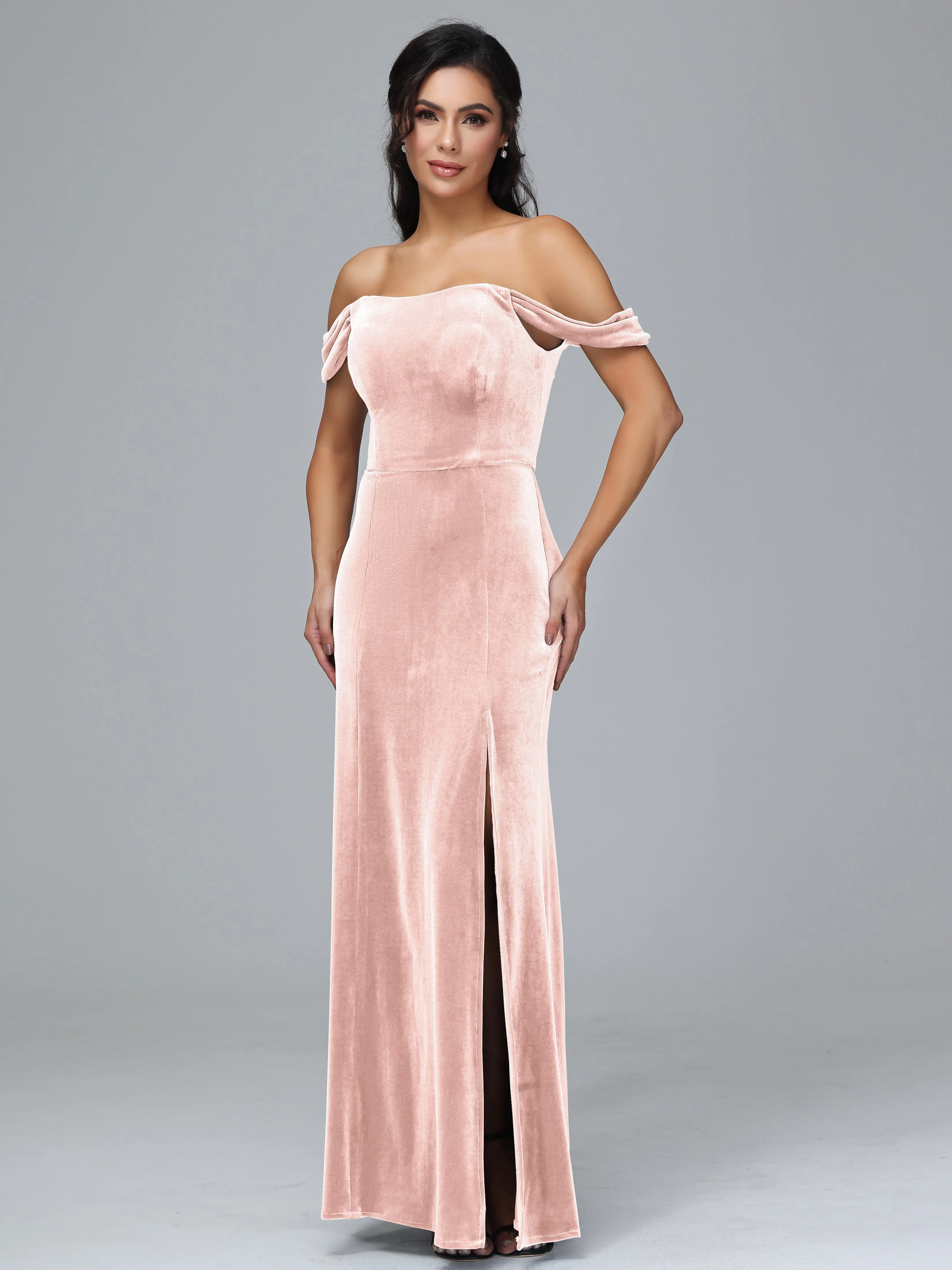 Off Shoulder Zipper Split Velvet Bridesmaid Dresses