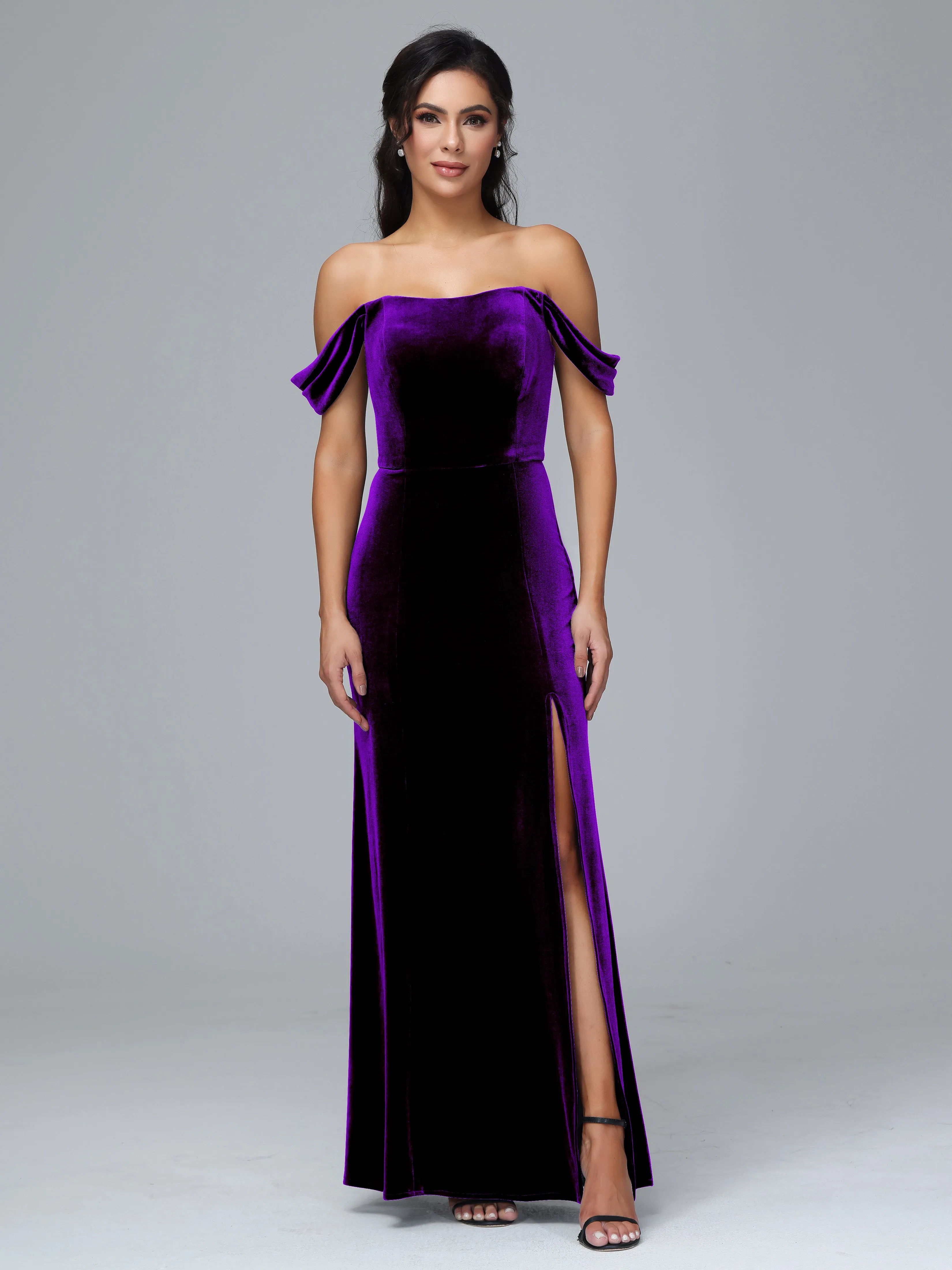 Off Shoulder Zipper Split Velvet Bridesmaid Dresses